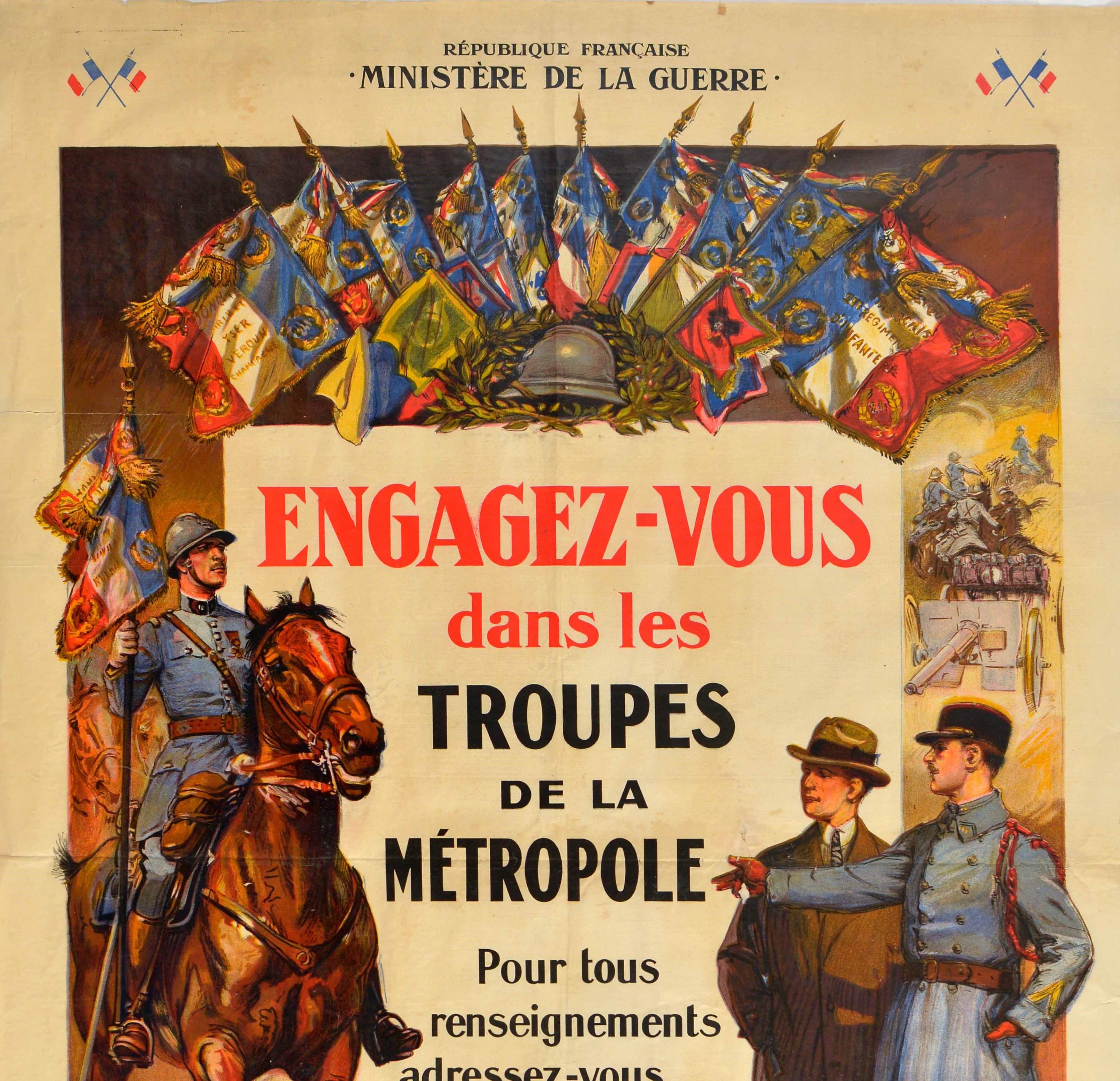 Original vintage French military recruitment poster issued by the French Republic Ministry of War - Join the metropole troops / Engagez-vous dans les Troupes de la Metropole - featuring artwork by the French painter Maurice Toussaint (1882-1974)
