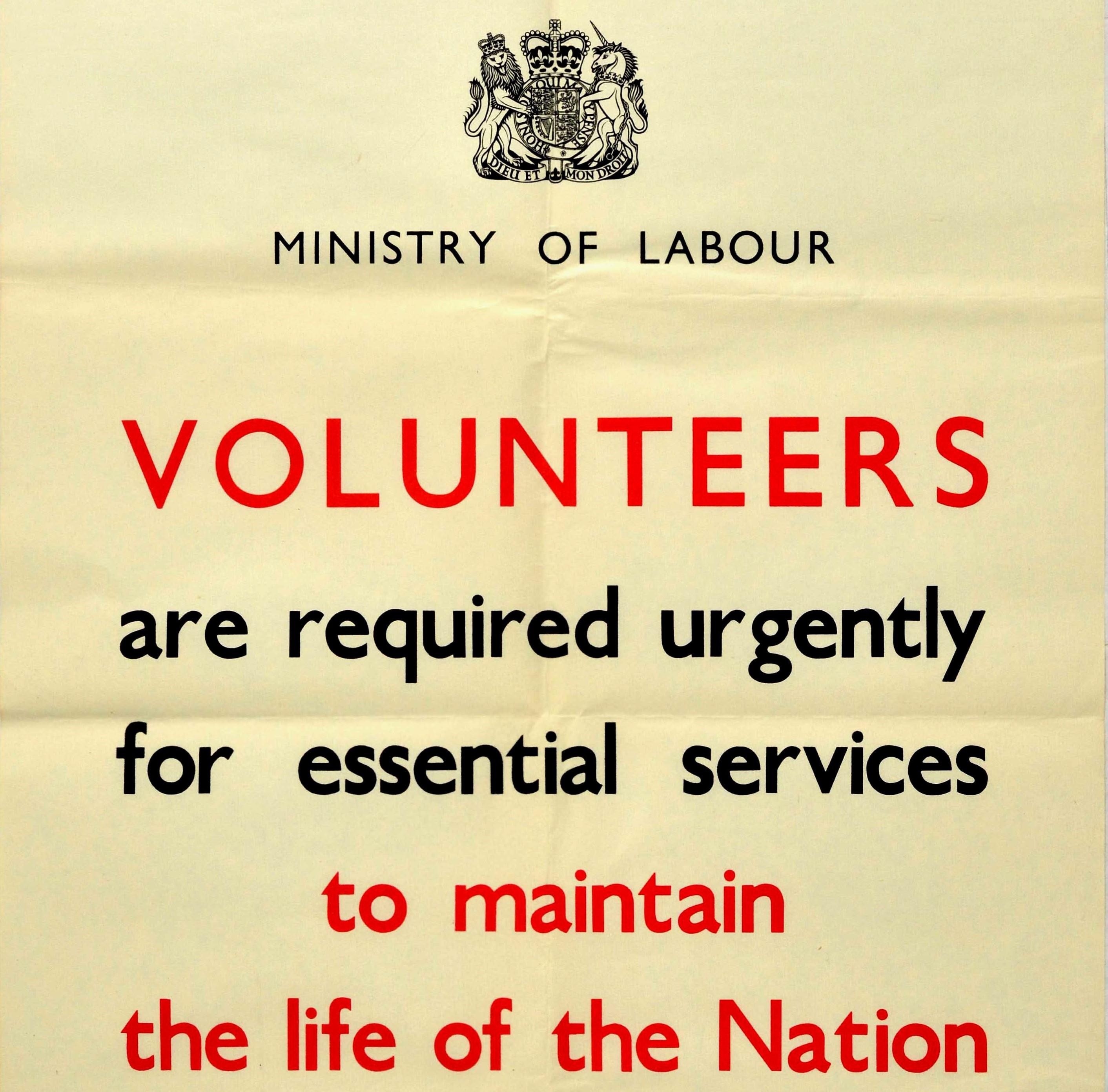 Original Vintage Poster Ministry Of Labour Volunteers Employment WWII Home Front In Good Condition For Sale In London, GB