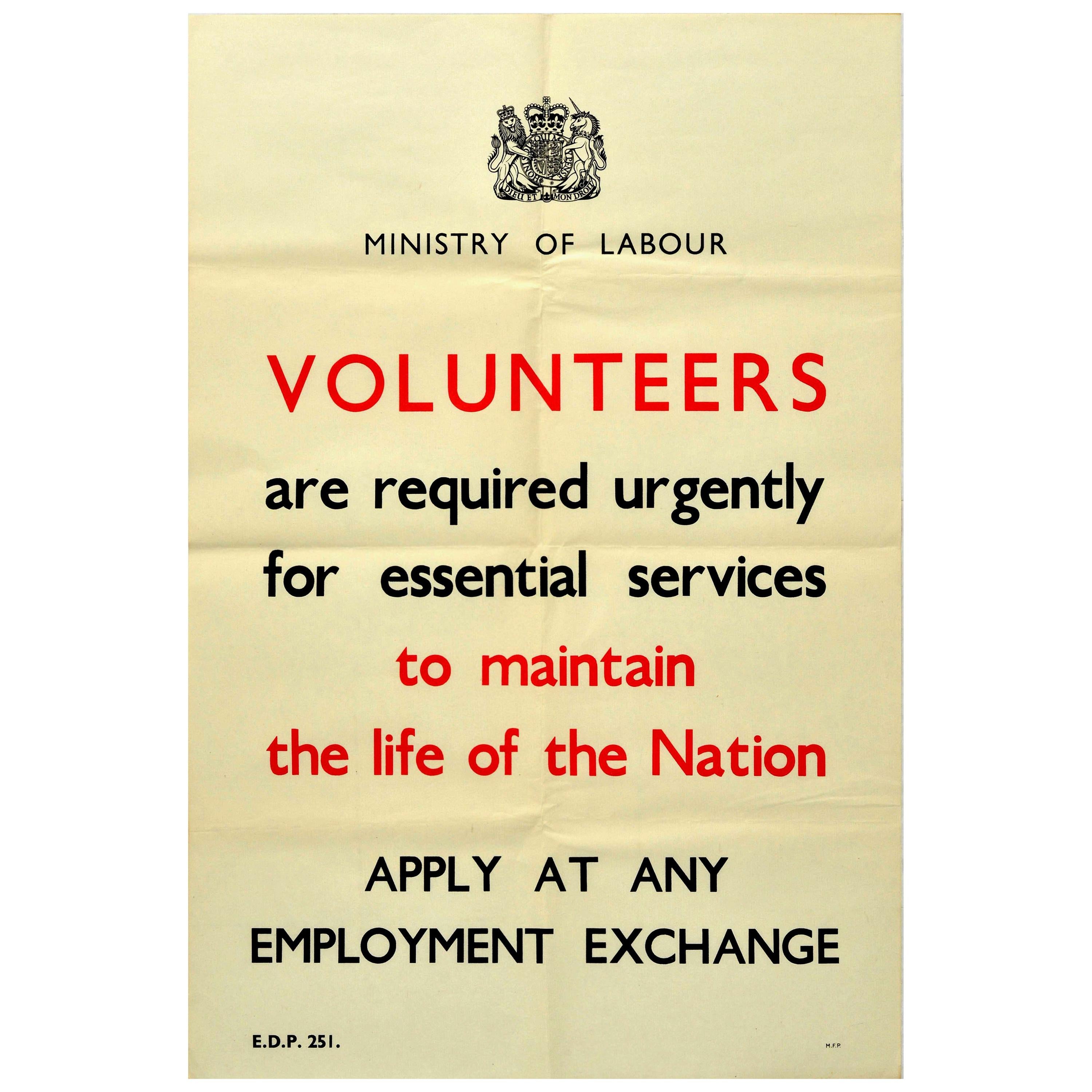 Original Vintage Poster Ministry Of Labour Volunteers Employment WWII Home Front For Sale