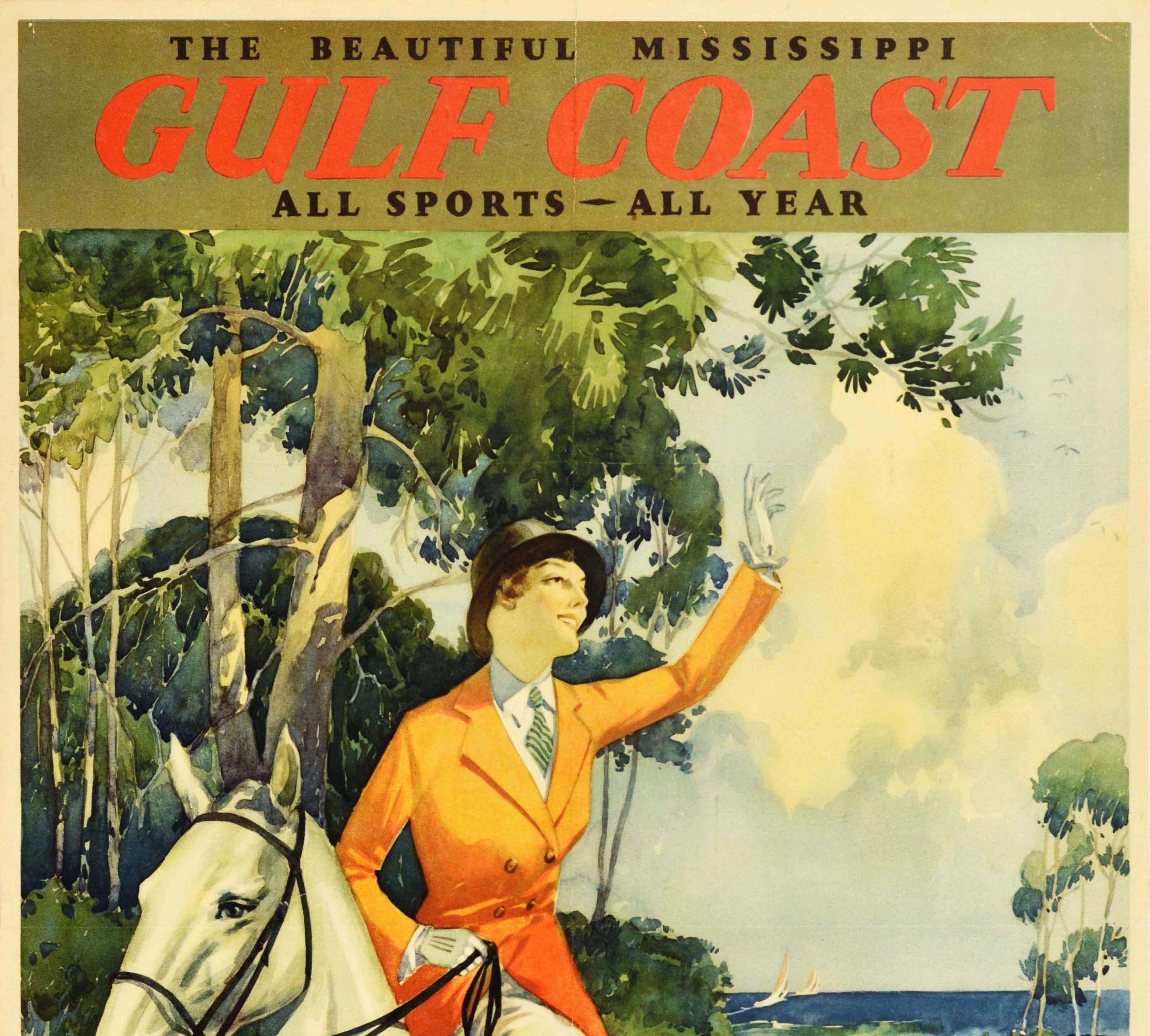 Original vintage railway travel poster for The Beautiful Mississippi Gulf Coast All sports All year Biloxi Gulfport Pass Christian 12 hours from Chicago 17 hours from St Louis Panama Limited Illinois Central the Road of Luxury Travel. Great artwork