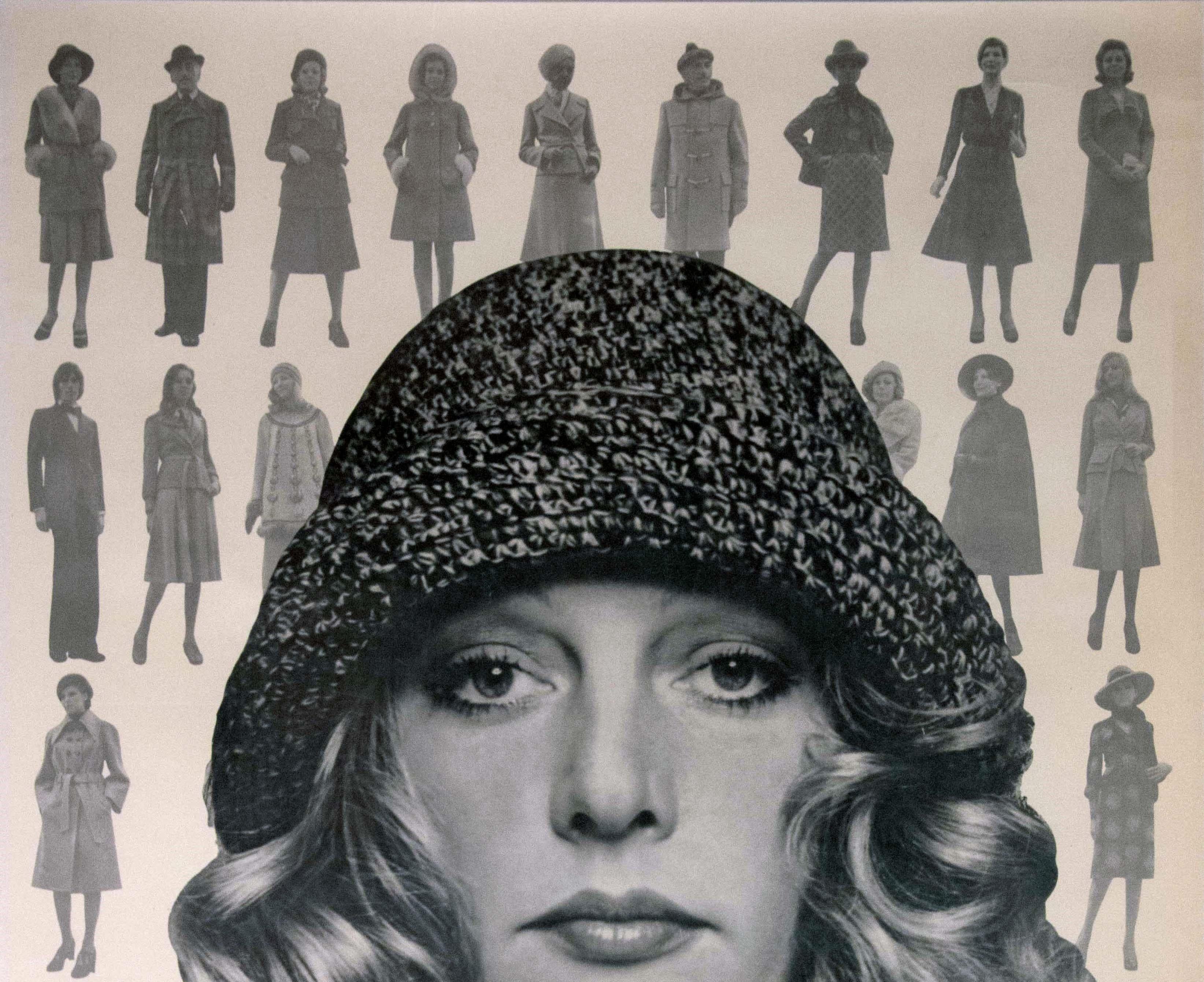 Original vintage Soviet advertising poster for the Leningrad Fashion House at 21 Nevsky Prospect - ????????????? ??? ??????? ?????? ???? ??????? ???????? 21 - featuring a black and white photograph of a model in a knitted hat and scarf with men in