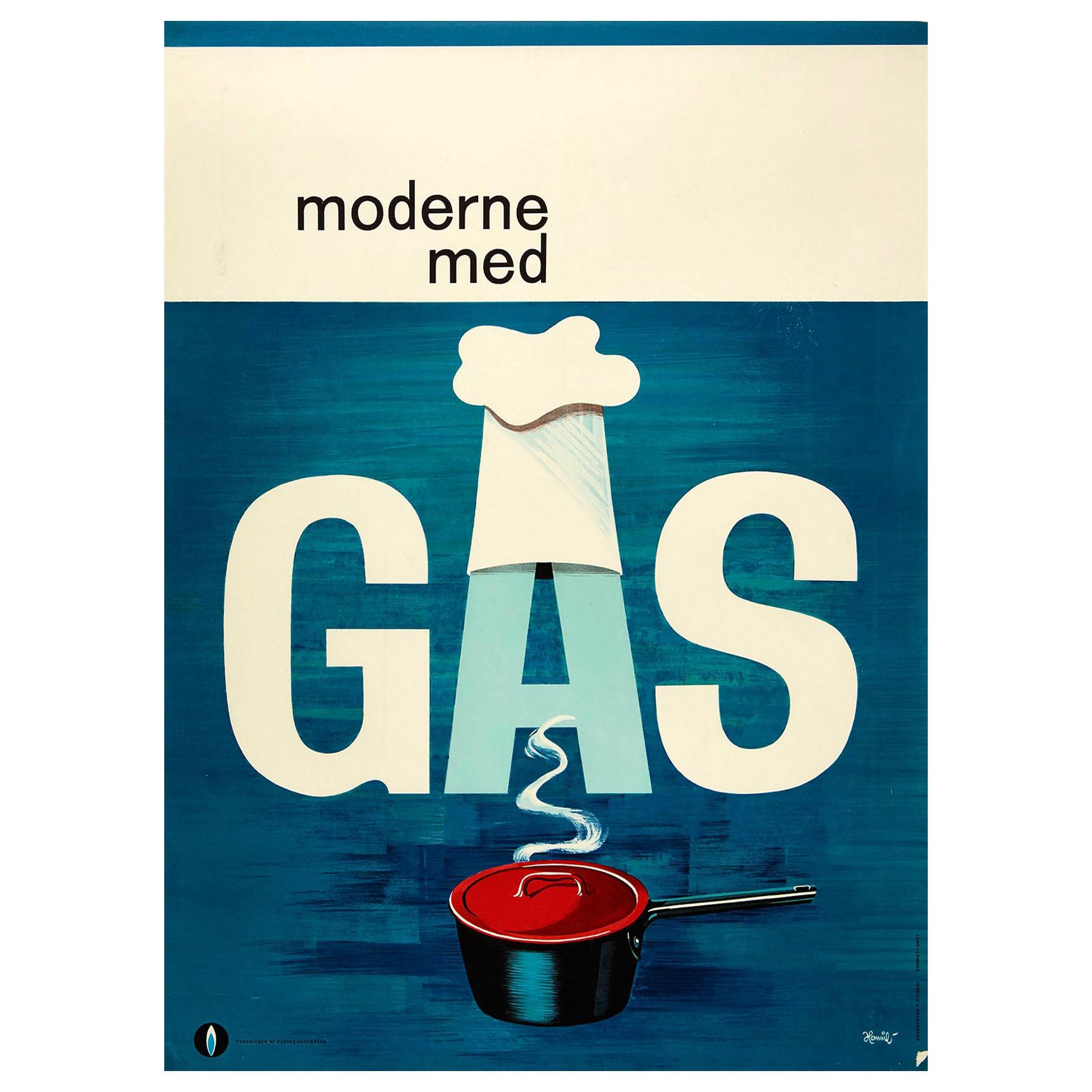 Original Vintage Poster Moderne Med Gas MidCentury Modern Danish Design Cook Pot