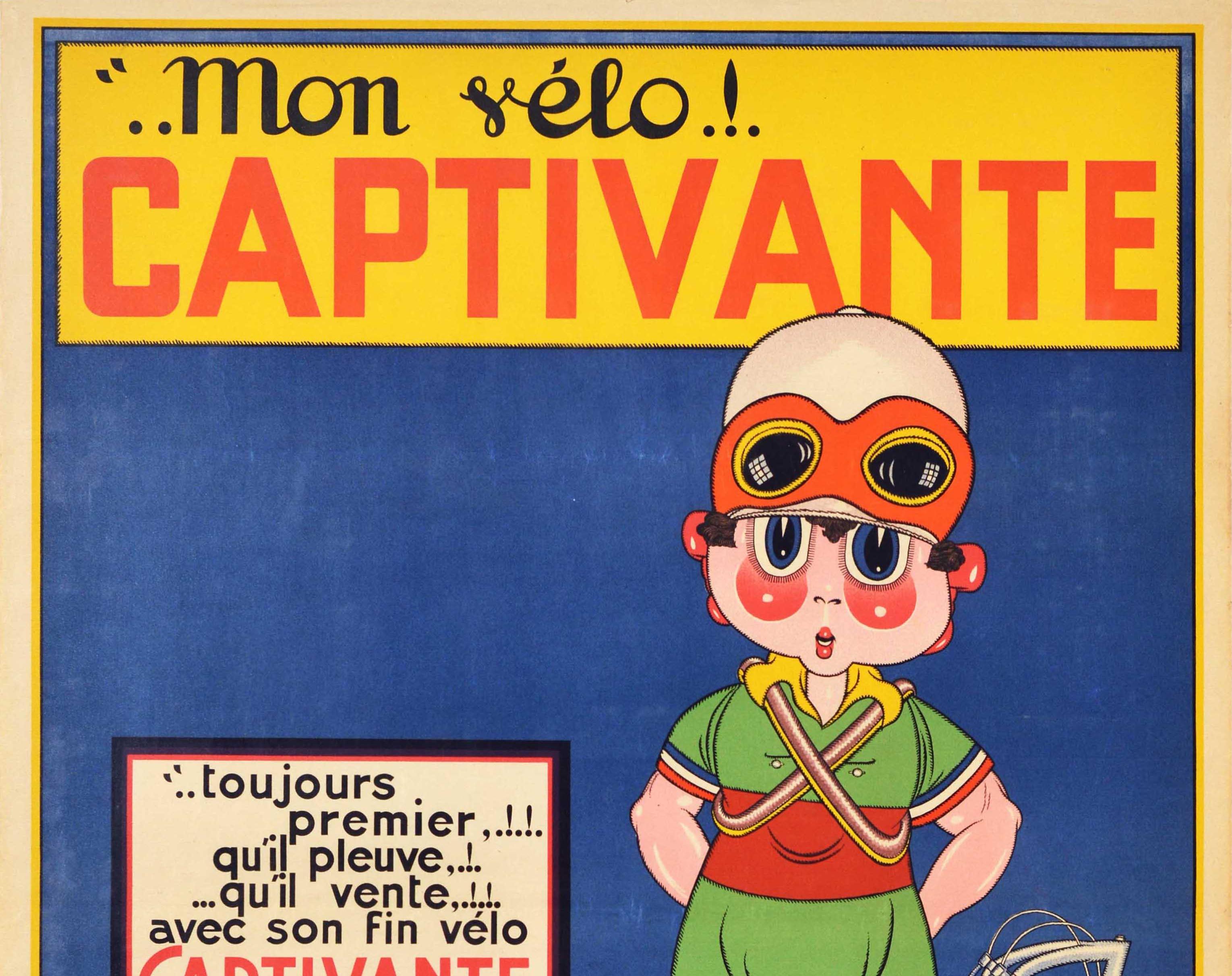 Original-Werbeplakat für Captivante-Fahrräder mit einem farbenfrohen Cartoon-Motiv, das ein Kind mit Helm und Fahrradbrille zeigt, das vor einem neuen Fahrrad steht, darunter der Titeltext - Mon Velo! / Mein Fahrrad! Captivante - mit einem Hund, der