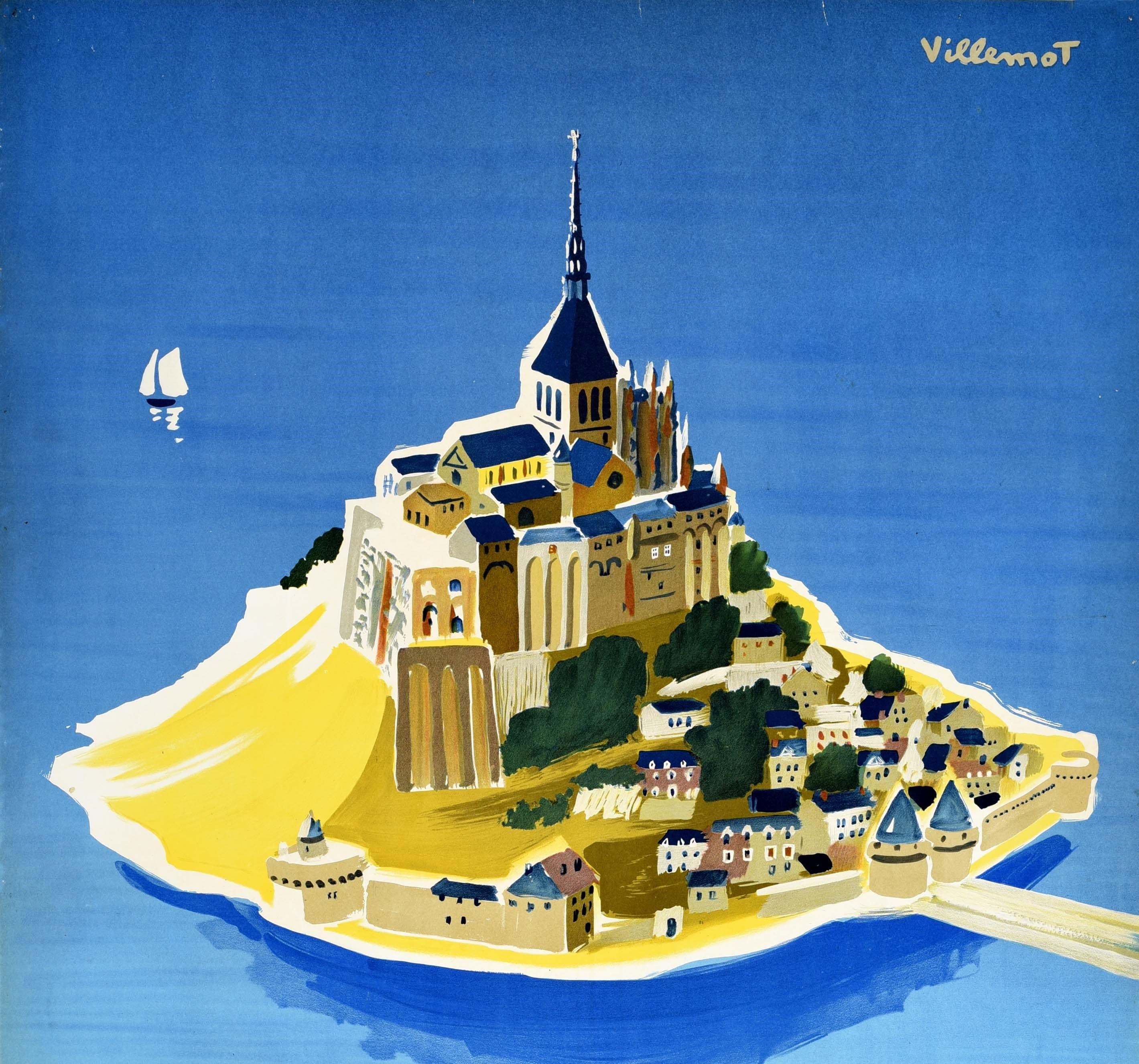 French Original Vintage Poster Mont Saint Michel Island Sailing Train Coach Travel Art For Sale