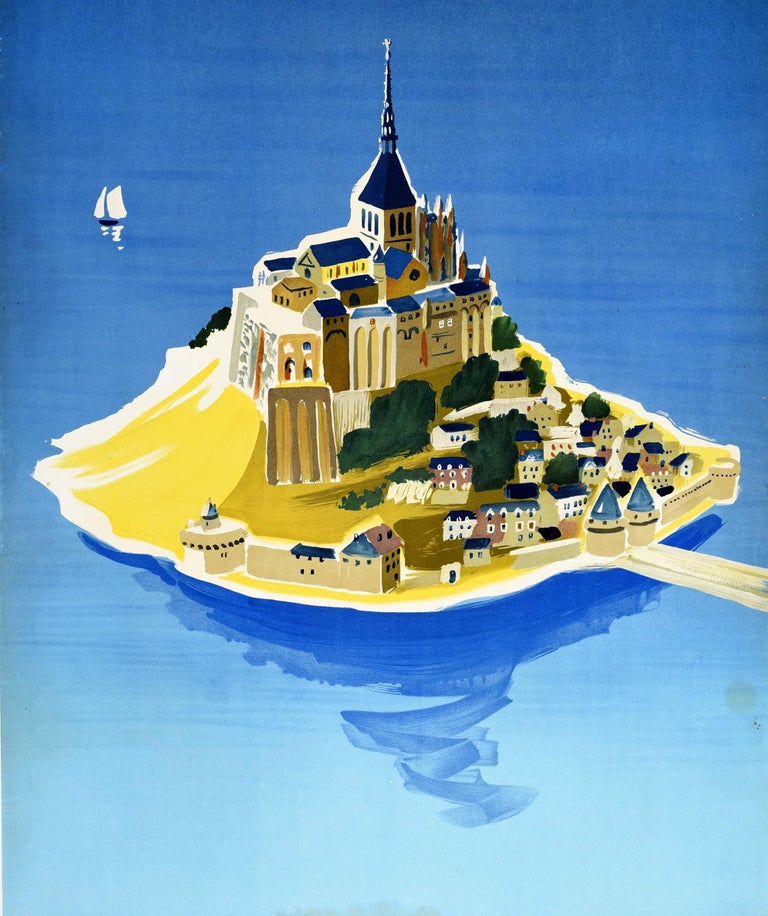 Mid-20th Century Original Vintage Poster Mont Saint Michel Island Sailing Train Coach Travel Art For Sale