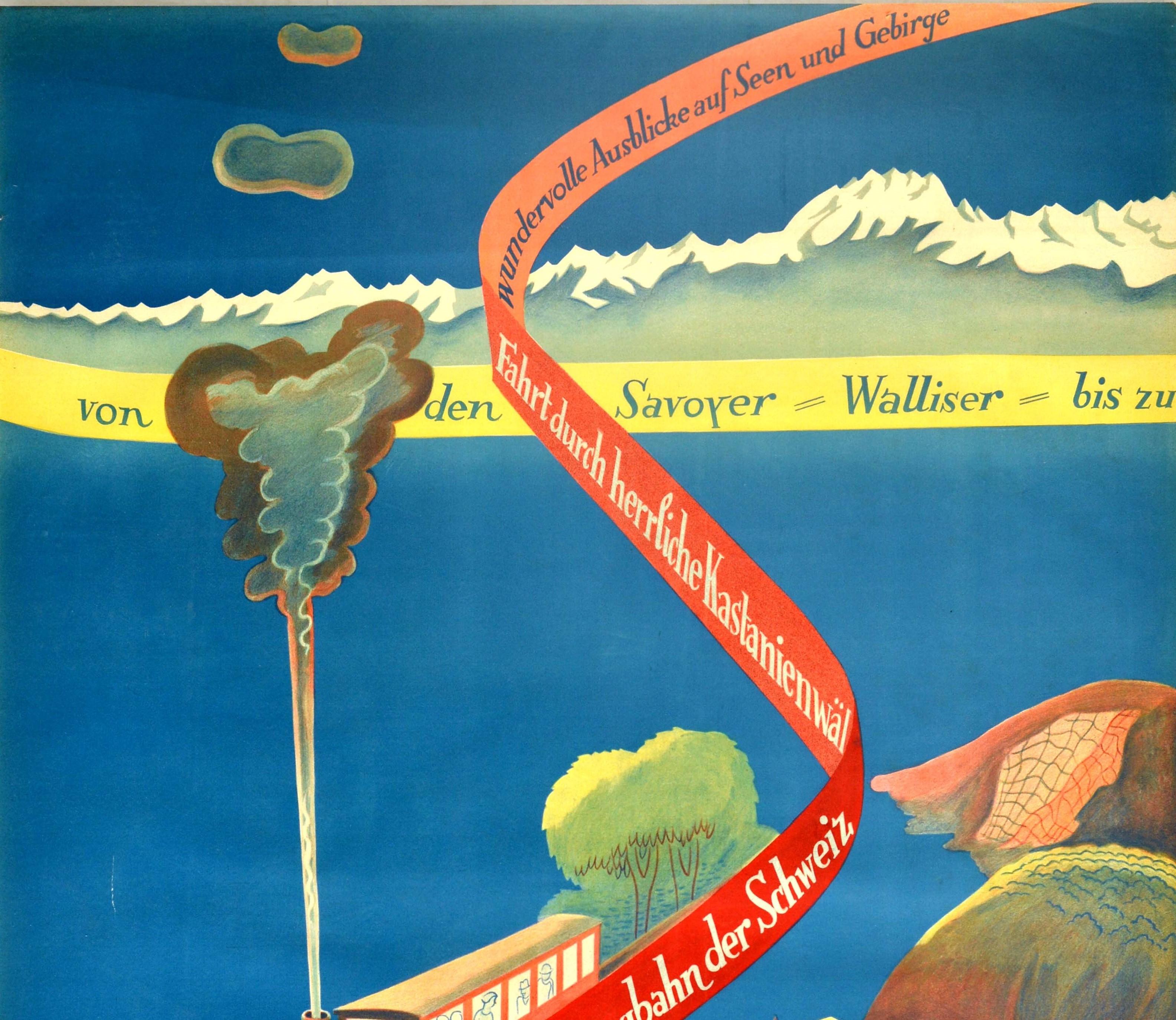 Original vintage railway travel poster for the Monte Generoso railway (opened 1890) - Generoso die zweitlangste Bergbahn der Schweiz fahrt durch herrliche Kastanienwahl wunderwolle ausblicke auf Seen und Gebirge von den Savoyer Walliser bis zu Blick