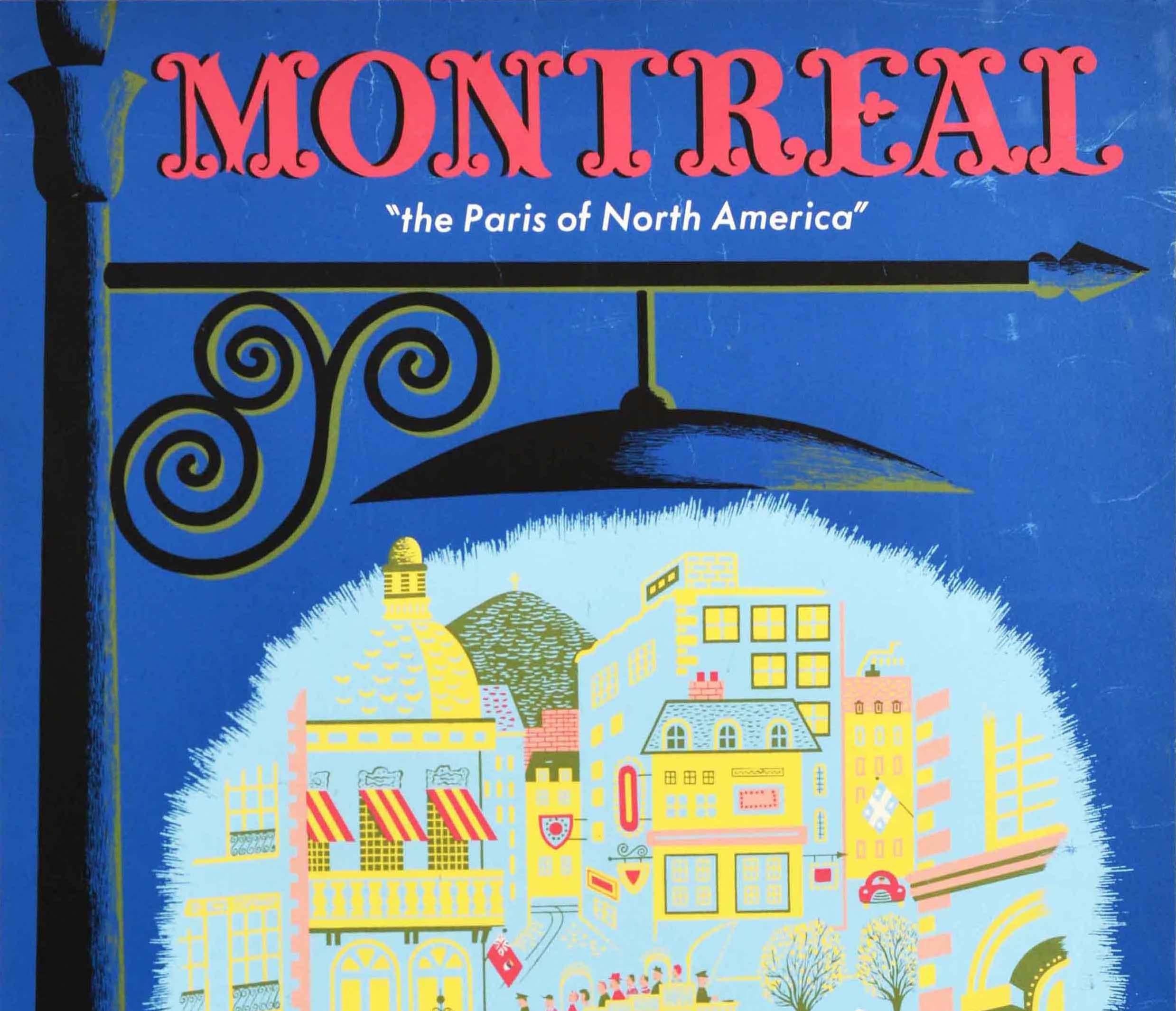 Original vintage air travel poster - Montreal the Paris of North America Fly TCA Trans-Canada Air Lines - featuring a great illustration depicting a city view showing people at a covered terrace restaurant with a carriage and a policeman on a horse