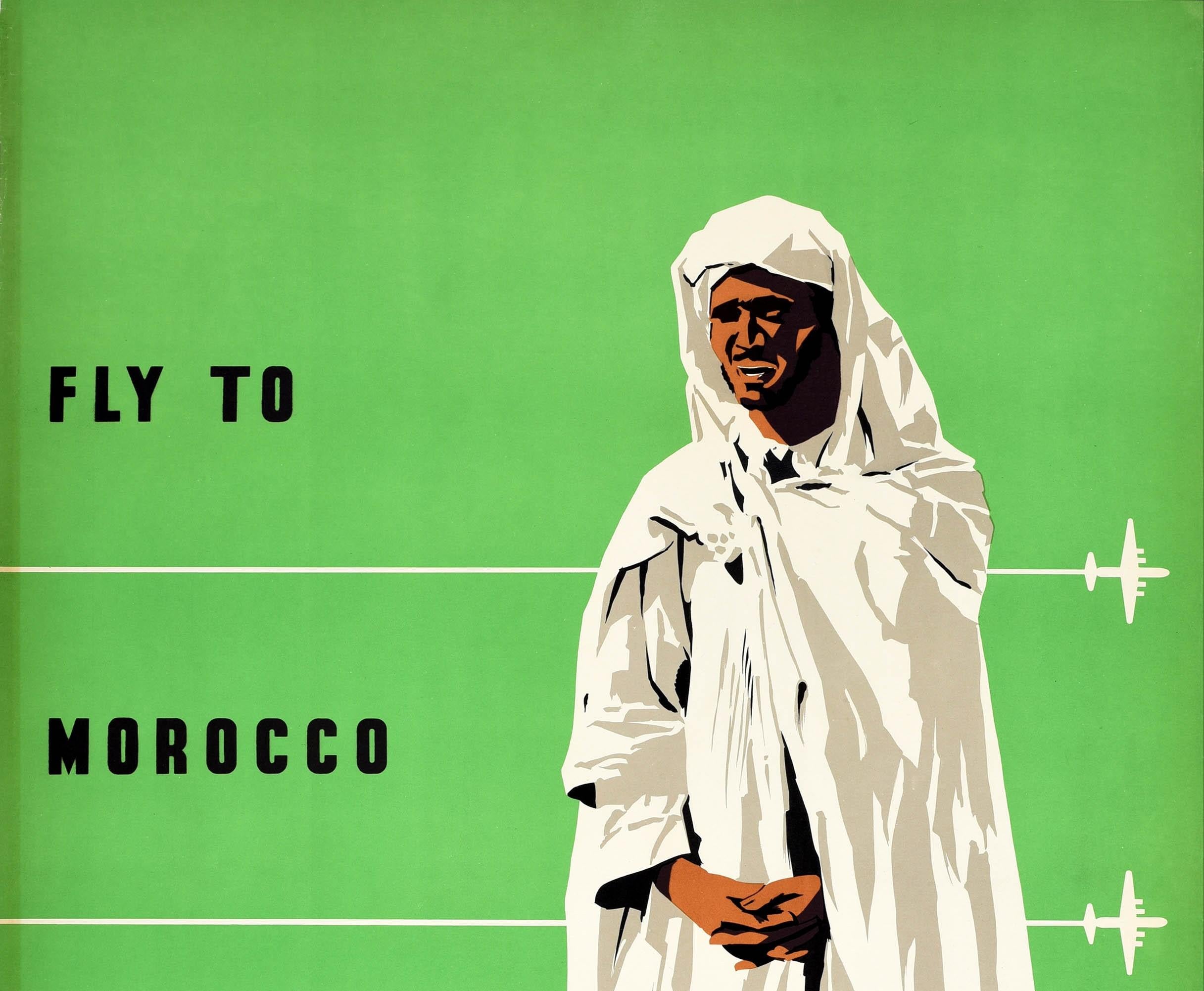 Original vintage travel poster - Fly to Morocco by Sabena Belgian Air Lines Casablanca Marrakech Rabat Fez Meknes - featuring a great design of a man in white in front of three stylised planes flying across the green background, the bold text on the