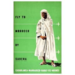 Original Retro Poster Morocco By Sabena Casablanca Marrakech Rabat Fez Meknes