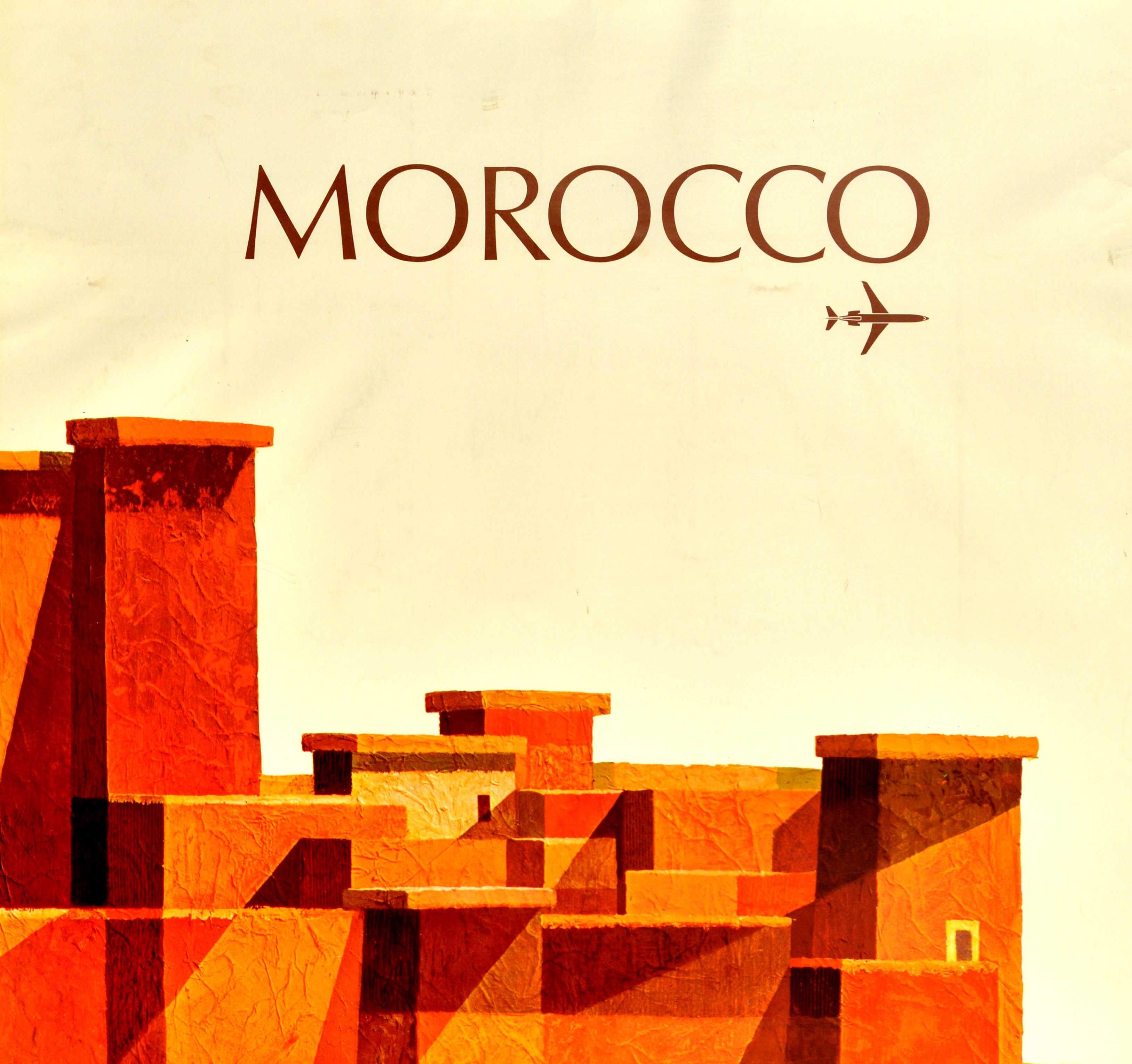 Original vintage travel advertising poster for Morocco Royal Air Maroc Moroccan International Airlines featuring stylized artwork depicting traditional Moroccan buildings with a plane flying overhead and the text above and below against a white