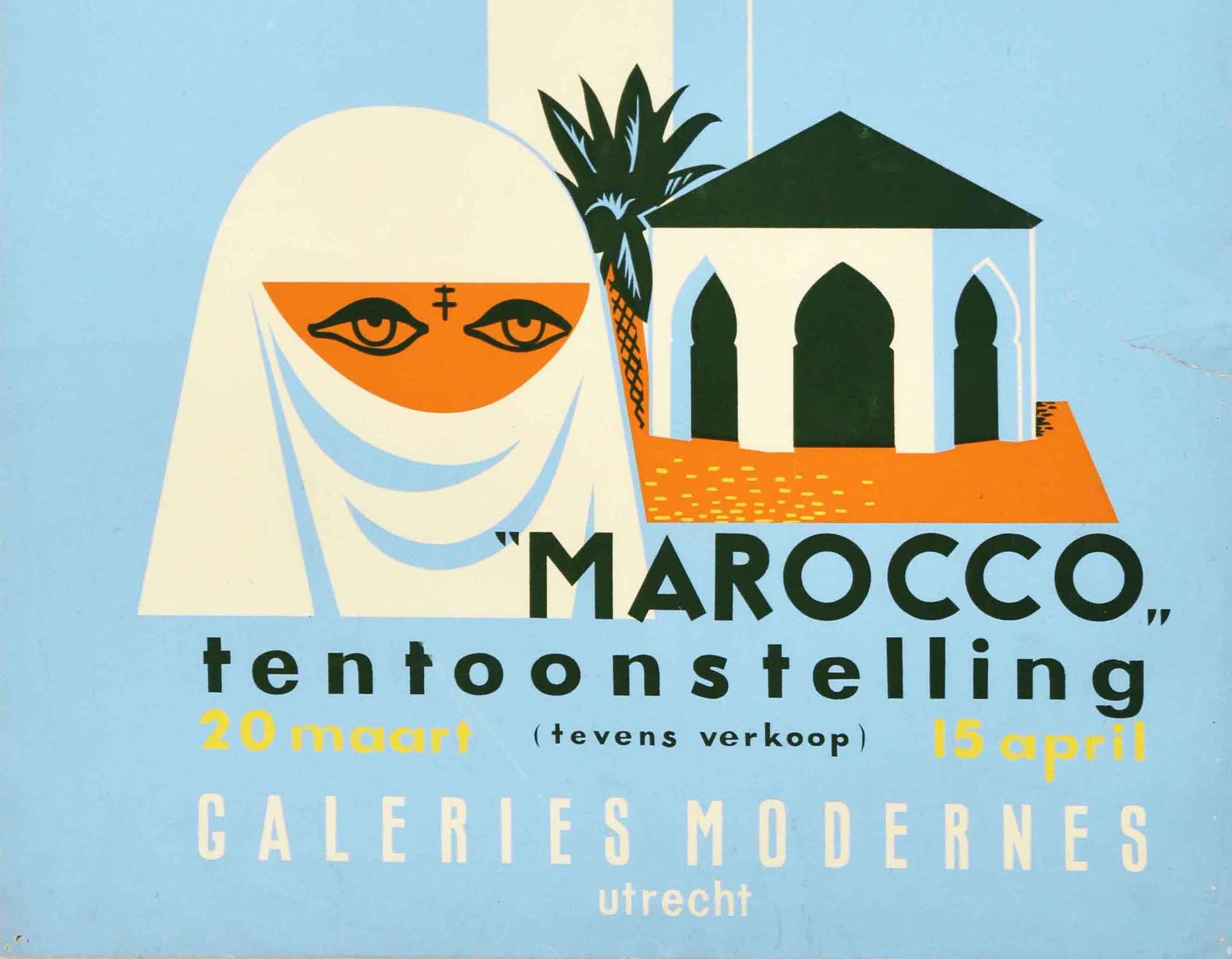 Dutch Original Vintage Poster Morocco North Africa Exhibition Sale Galeries Modernes  For Sale