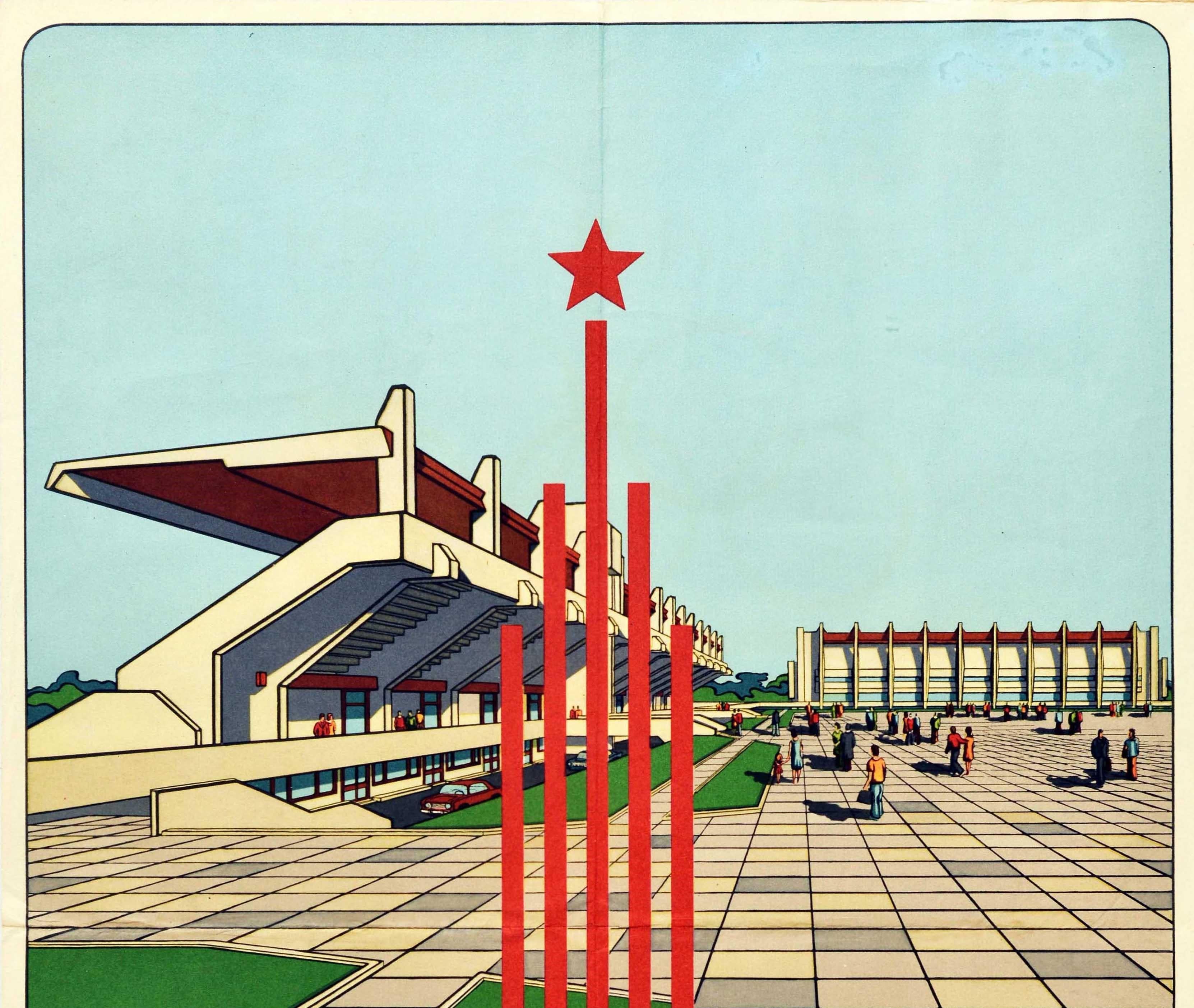 Original vintage sport event poster for the 1980 Moscow Olympic equestrian competitions featuring a futuristic image of people walking around the paved area with grass borders next to the stadium seating building at the equestrian centre in