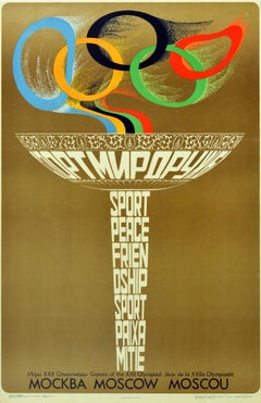 Original Vintage Poster Moscow Olympic Games Flame Torch Sport Peace Friendship