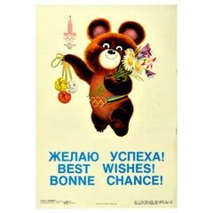 Original Vintage-Poster, Moskauer Olympische Spiele 1980, Misha Bear Mascot Best Wishes, Sport