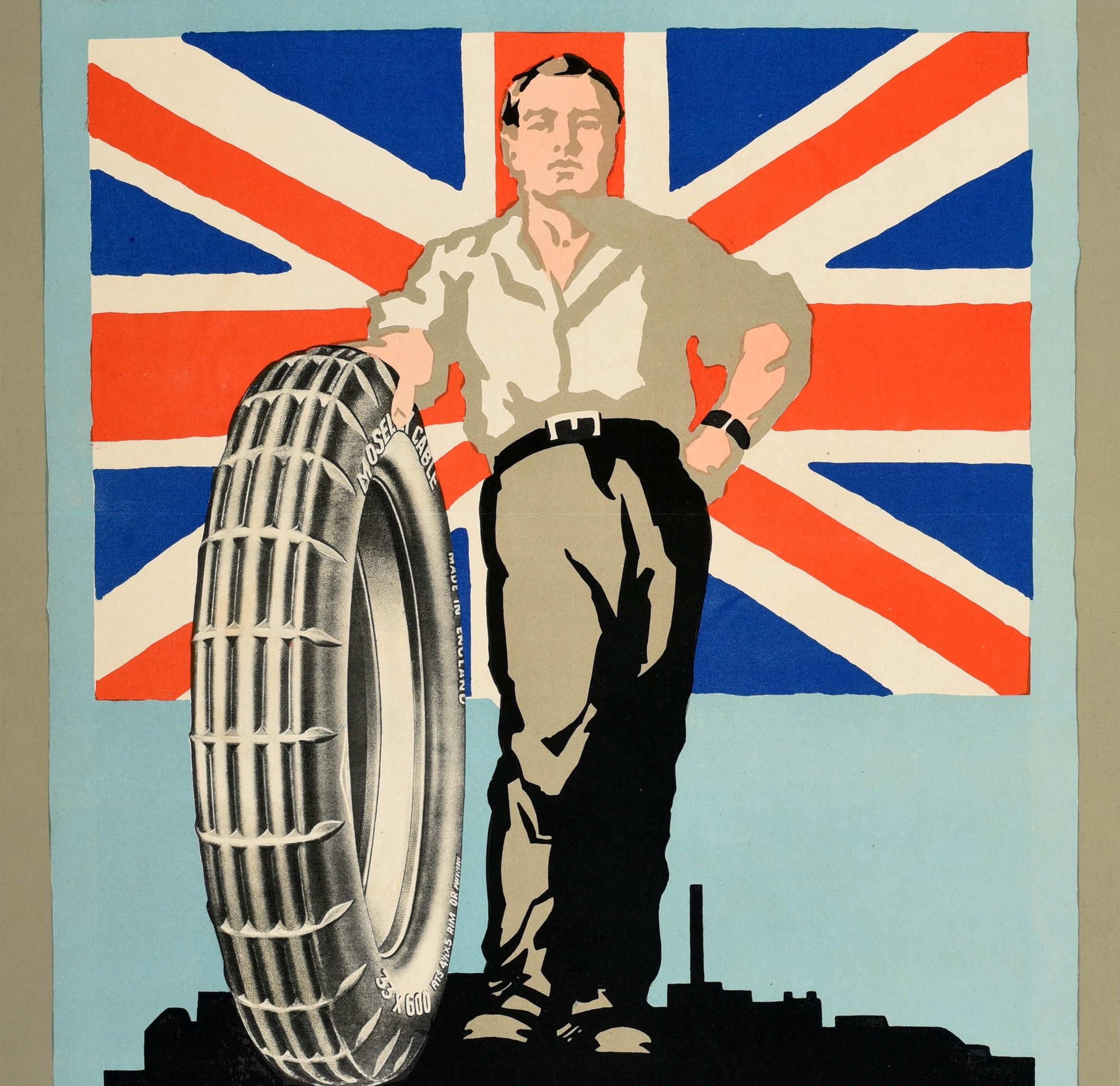 British Original Vintage Poster Moseley Silent Running Non Skid Tyres UK Flag Factory For Sale