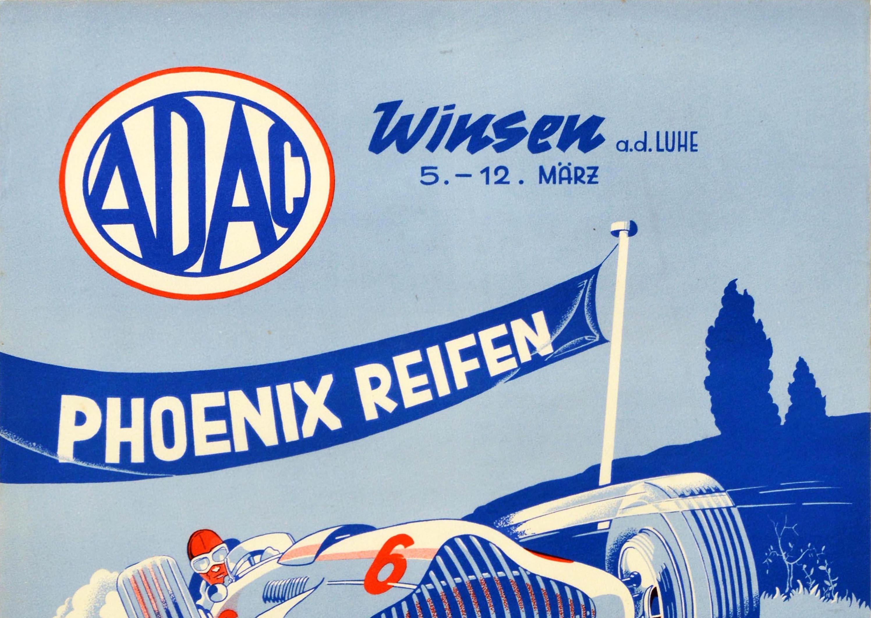 German Original Vintage Poster Motorsport Car Exhibition ADAC Phoenix Reifen Tires Ad For Sale