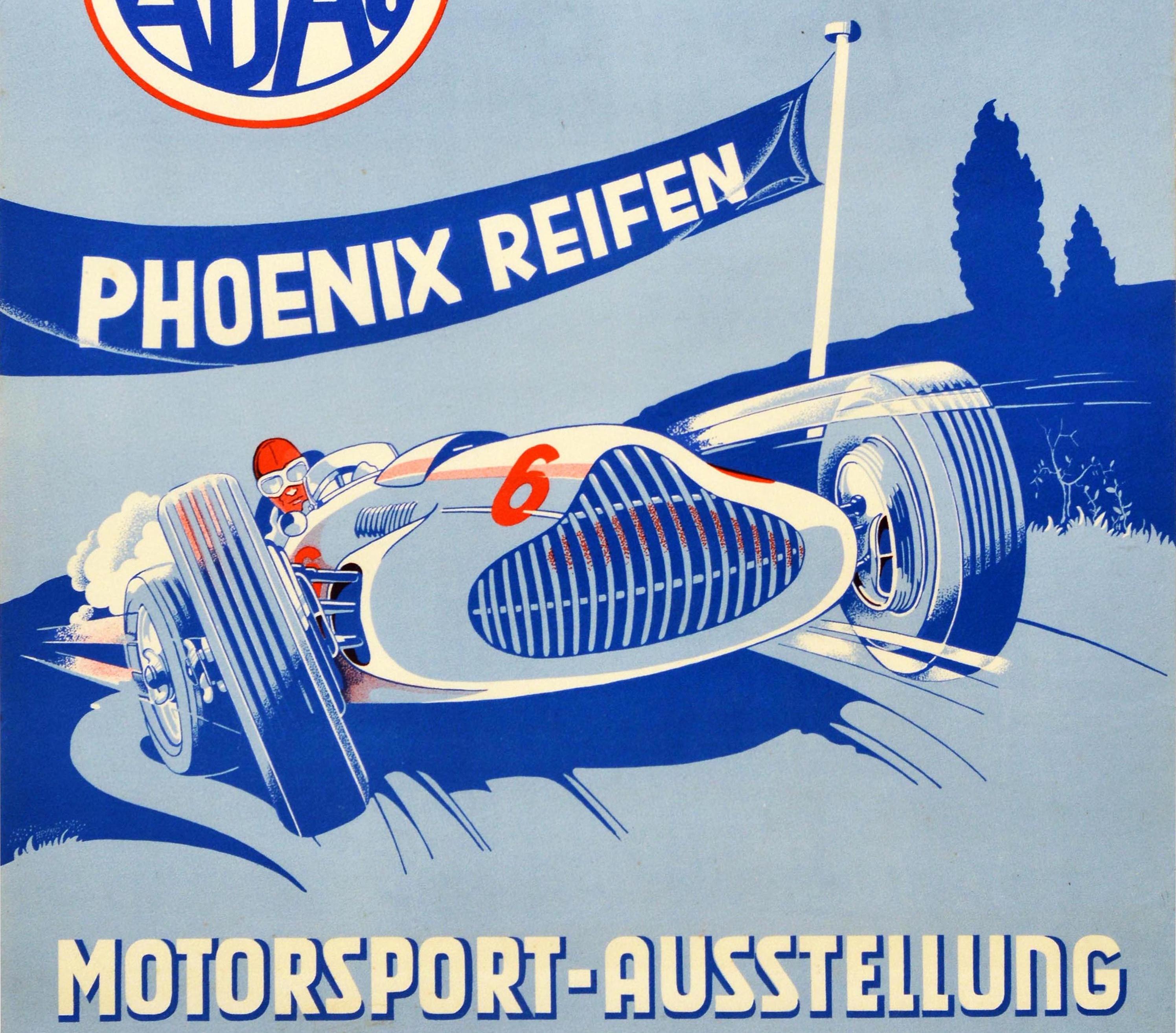 Milieu du XXe siècle Affiche vintage d'origine d'une exposition de voitures de sport ADAC Phoenix Reifen, Affiche publicitaire en vente