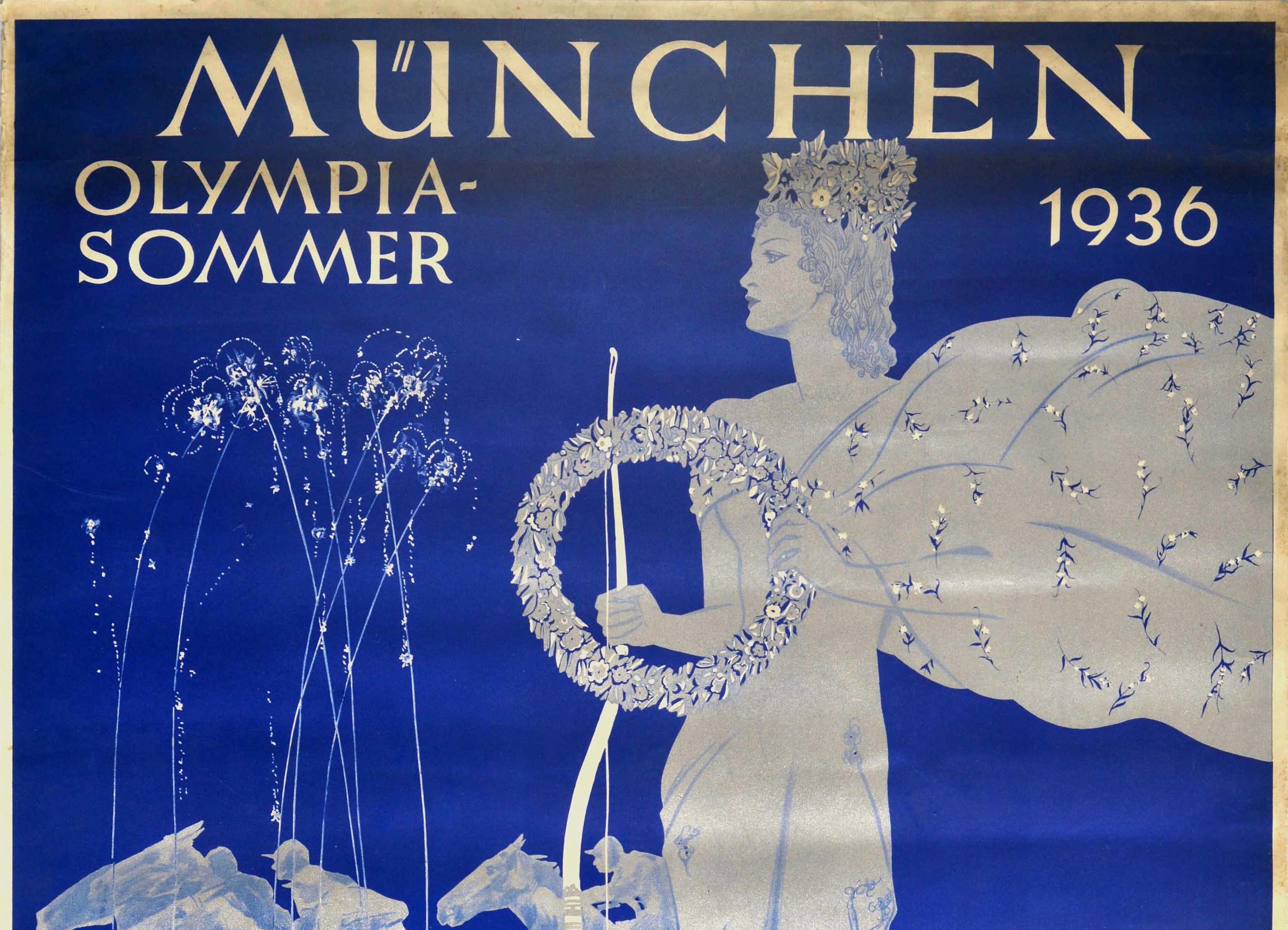 Original vintage Munich Olympic Summer sports poster for the annual Brown Ribbon of Germany / Das Braune Band von Deutschland 26 July 1936 - 500 Years of German Horse Racing in Munich at the international horse race week at the Riem racecourse 15 to