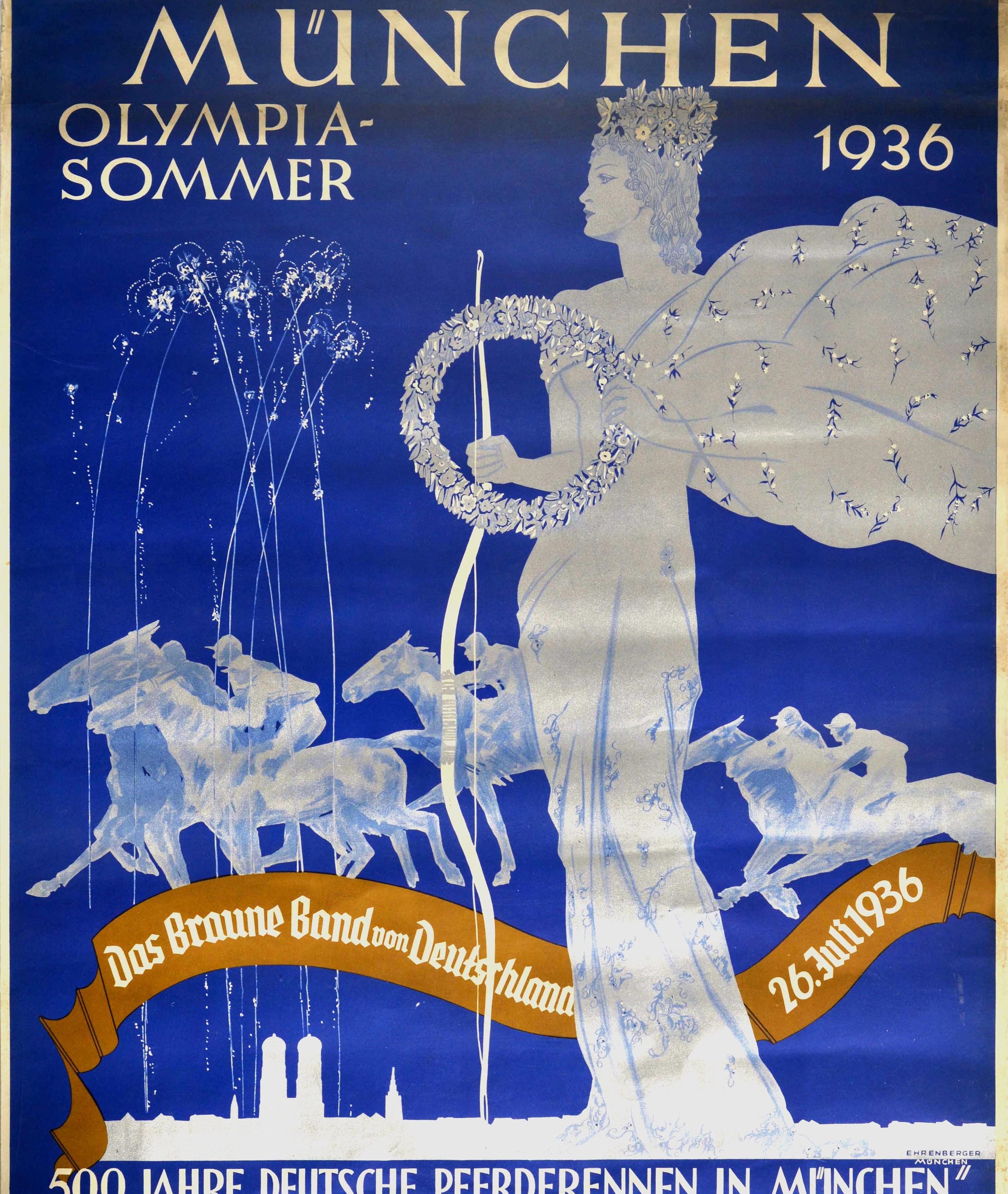 Art Deco Original Vintage Poster Munich Olympic Summer Festival Horse Racing Chess Sport