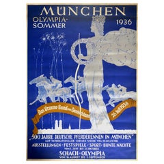 Affiche vintage d'origine du Festival olympique d'été de Munich, course de chevaux et échecs