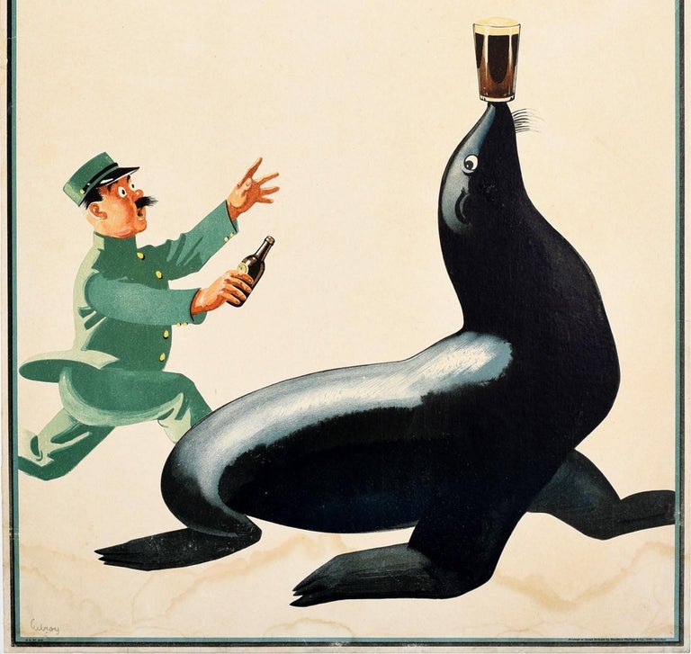 British Original Vintage Poster My Goodness My Guinness Sea Lion Balancing Beer Drink For Sale