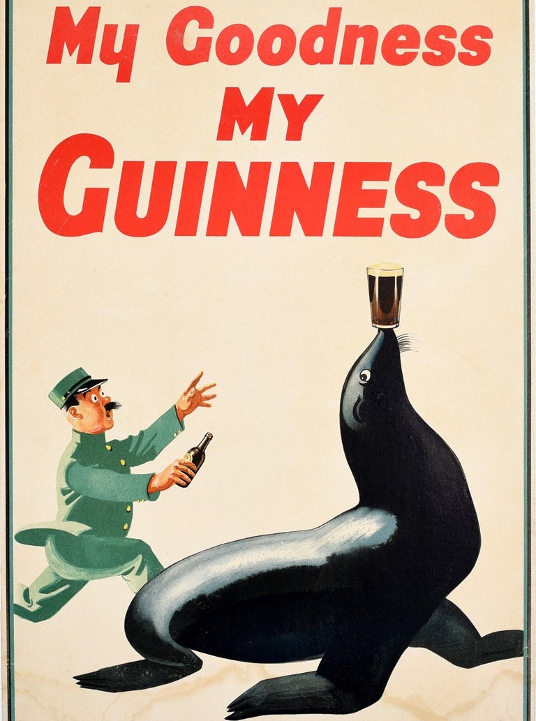 Original Vintage Poster My Goodness My Guinness Sea Lion Balancing Beer Drink In Good Condition For Sale In London, GB