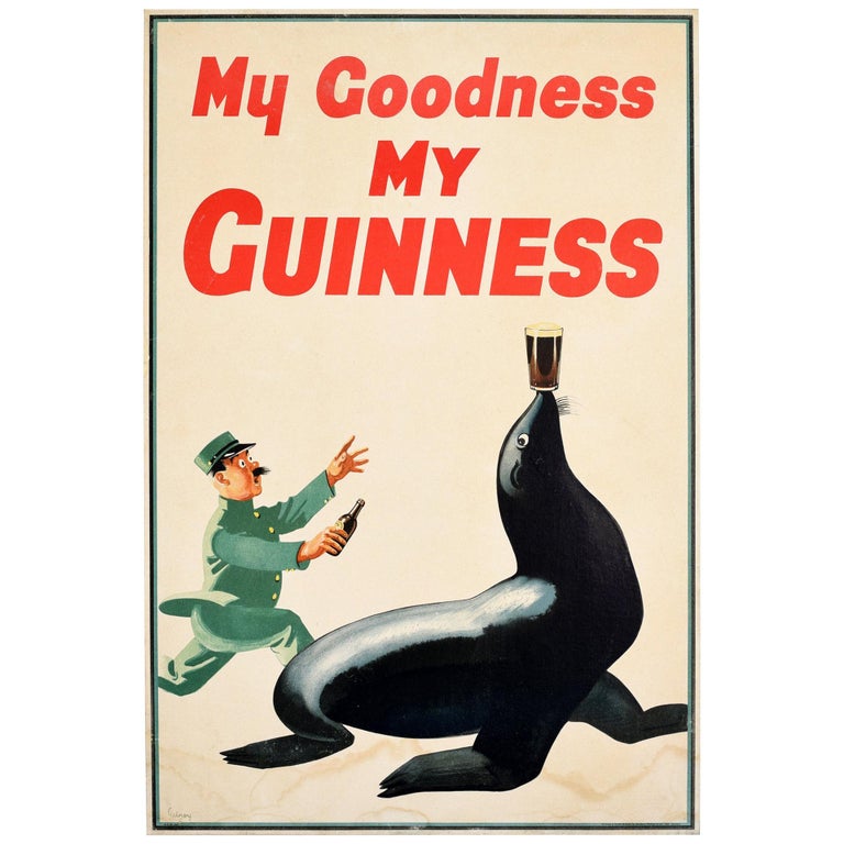 Original Vintage Poster My Goodness My Guinness Sea Lion Balancing Beer Drink For Sale