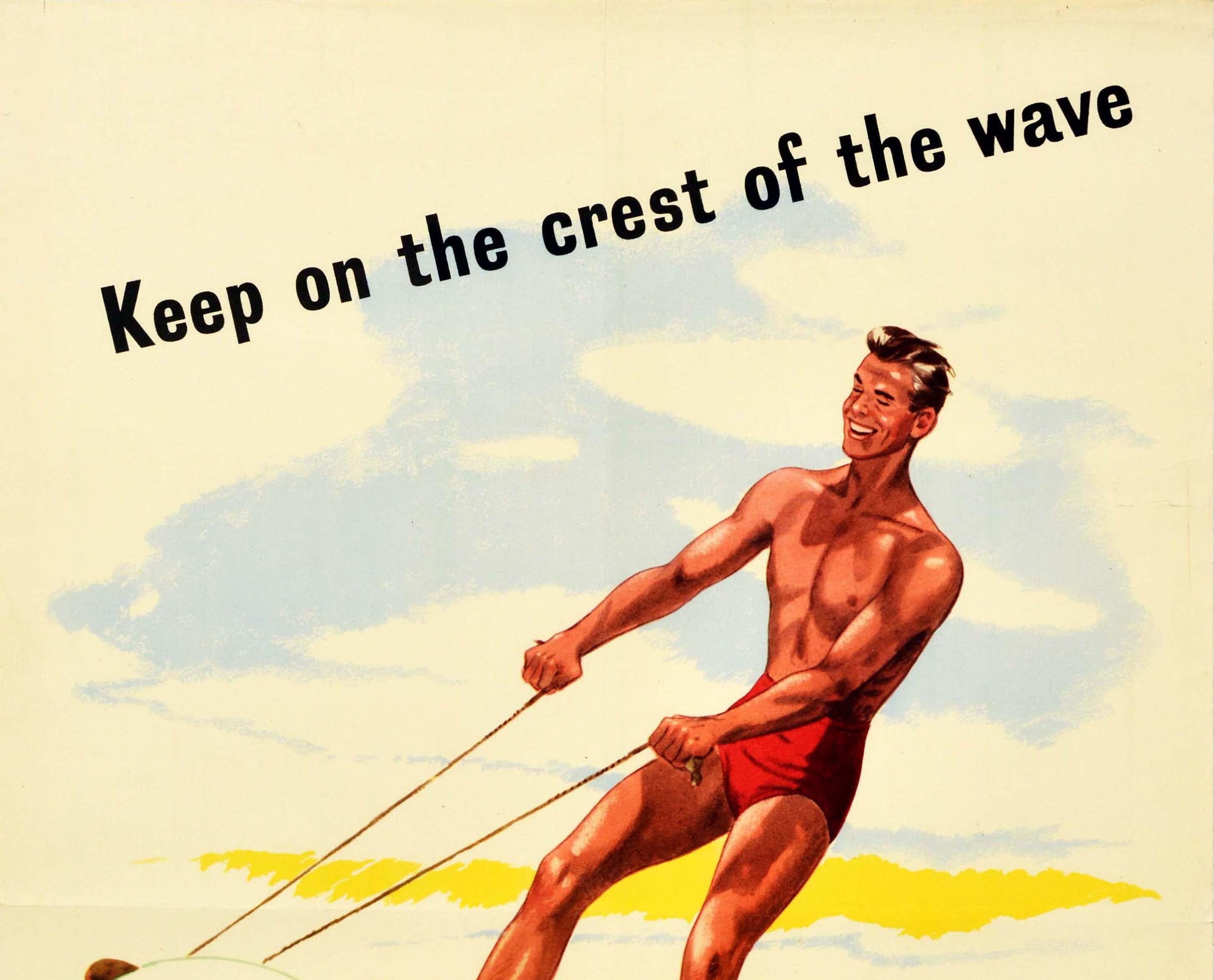 Original vintage advertising poster for National Savings featuring a great image of a smiling surfer on a board riding the waves with the message diagonally above and below - Keep on the crest of the wave keep on with National Savings after your