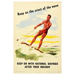 Poster d'epoca originale National Savings Keep On The Crest Of The Wave Surfing