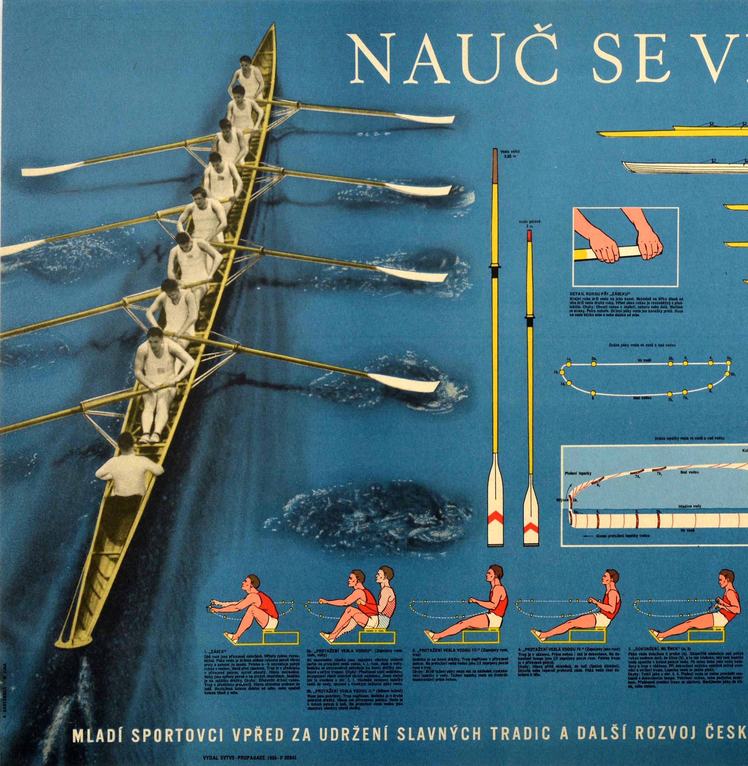 Original vintage sport poster - Nauc Se Veslovat / Learn To Row - featuring a black and white photo of a crew of eight rowers with a coxswain rowing against the blue background on the side of artwork showing technical diagrams of how to row depicted