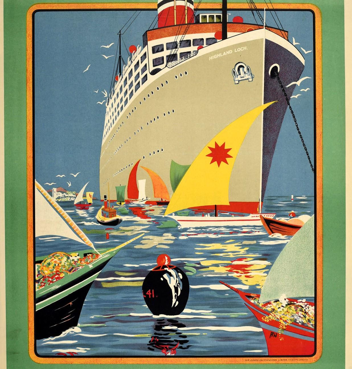Original vintage cruise ship travel poster for Nelson Lines advertising regular fortnightly mail, passenger and freight service London and Boulogne to Spain Canary Islands Brazil Uruguay and Argentina maximum comfort with low fares. Colourful