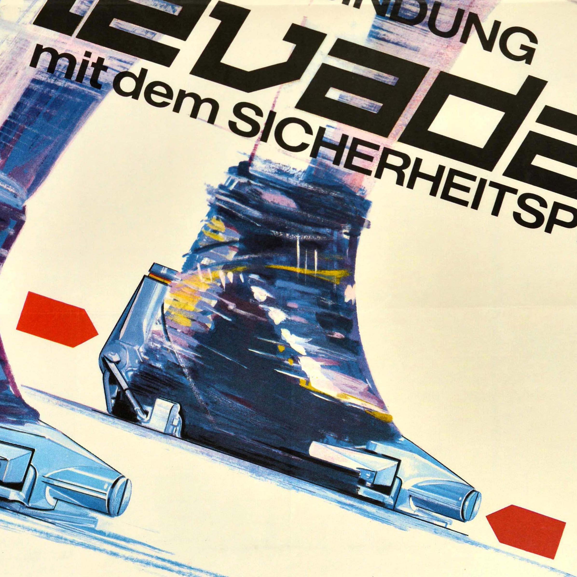 Original vintage poster for Nevada ski equipment - The safety binding Nevada with the safety plus / Die Sicherheitsbindung Nevada mit dem Sicherheitsplus - featuring a dynamic image of a skier wearing a helmet and goggles skiing at speed downhill