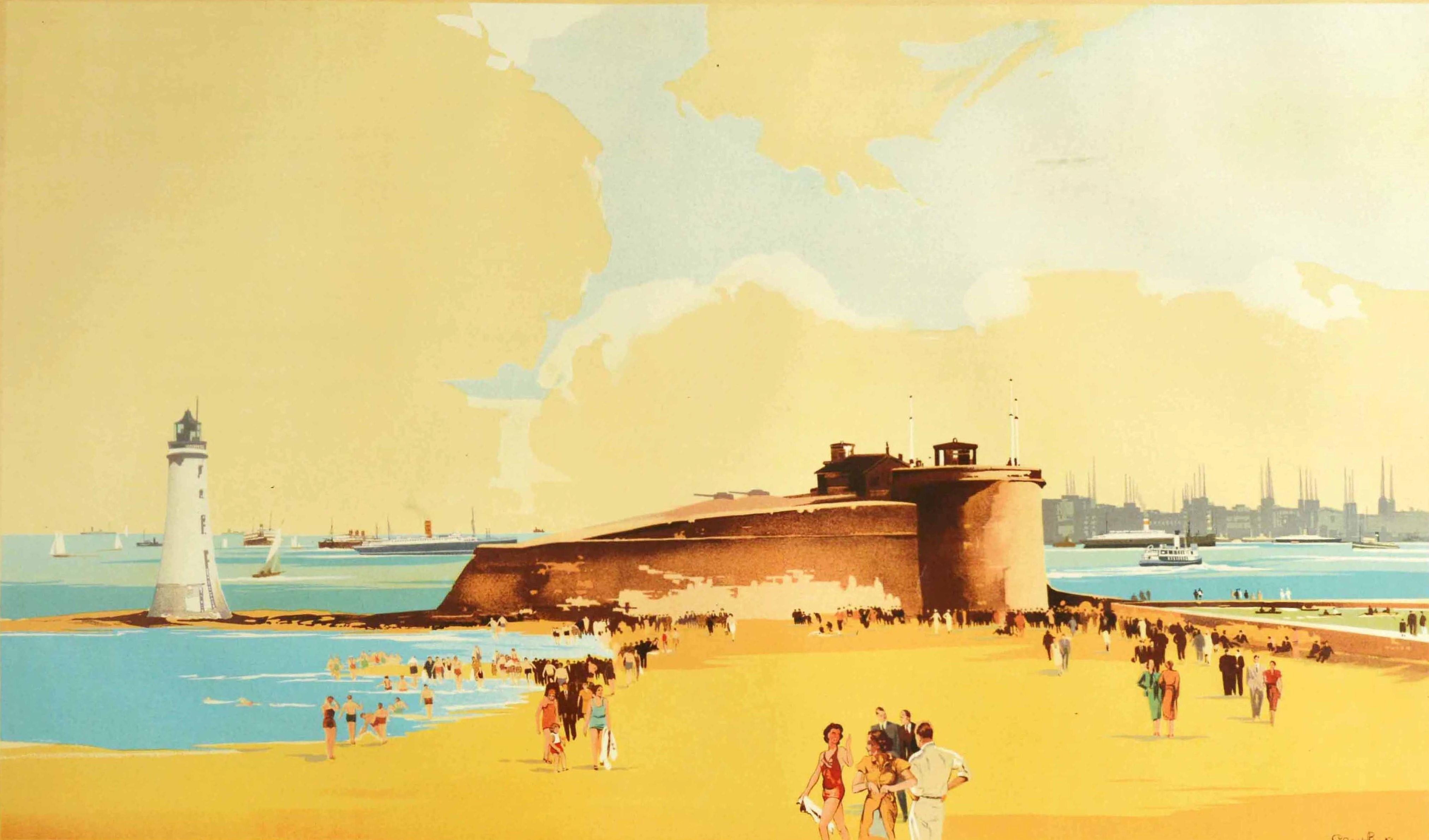 Original vintage train travel poster for New Brighton and Wallasey served by the LMS London Midland & Scottish railway featuring a great image by the notable painter and poster artist Claude Buckle (1905-1973) showing people walking along a sandy
