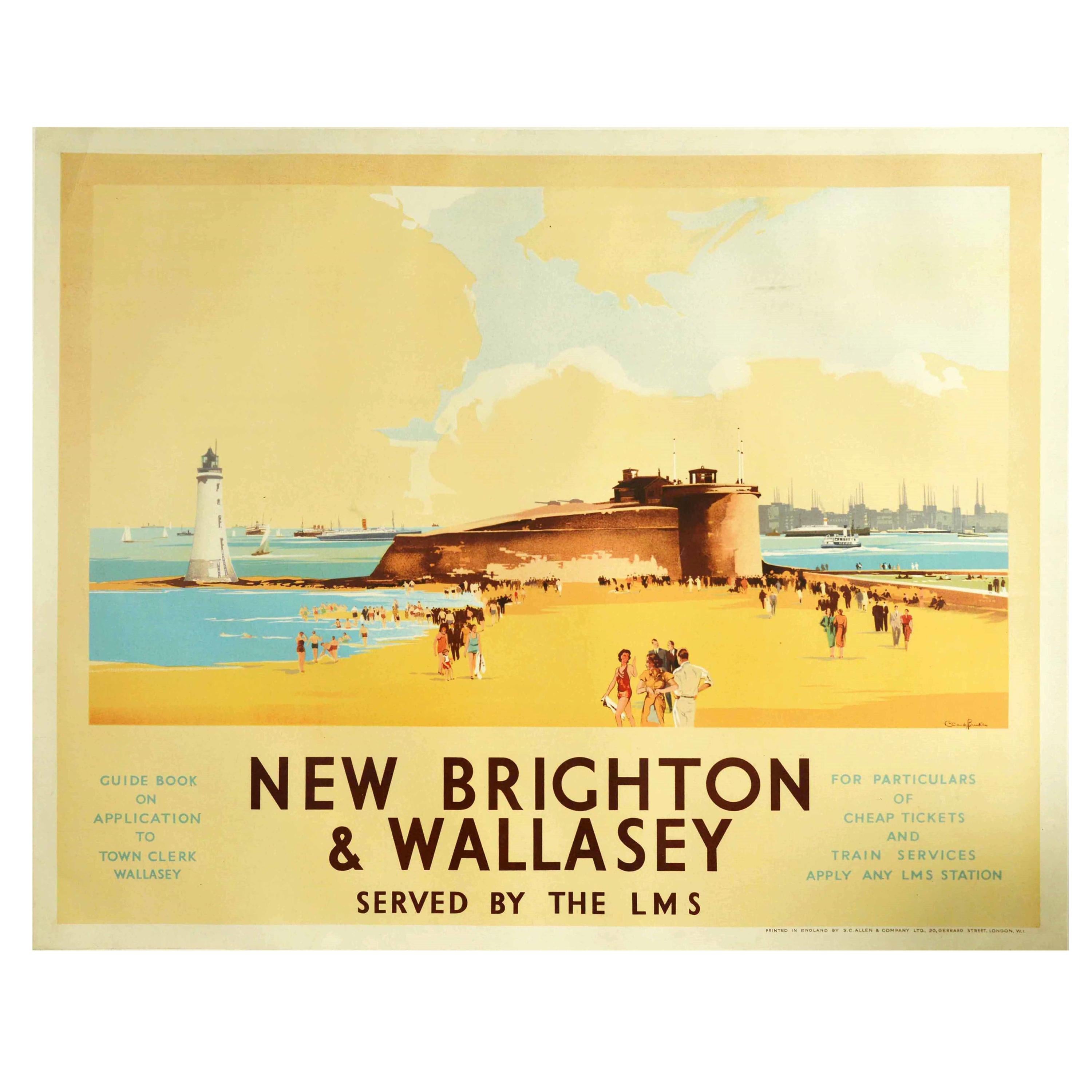 Original Vintage Poster New Brighton & Wallasey Fort Perch LMS Railway Liverpool