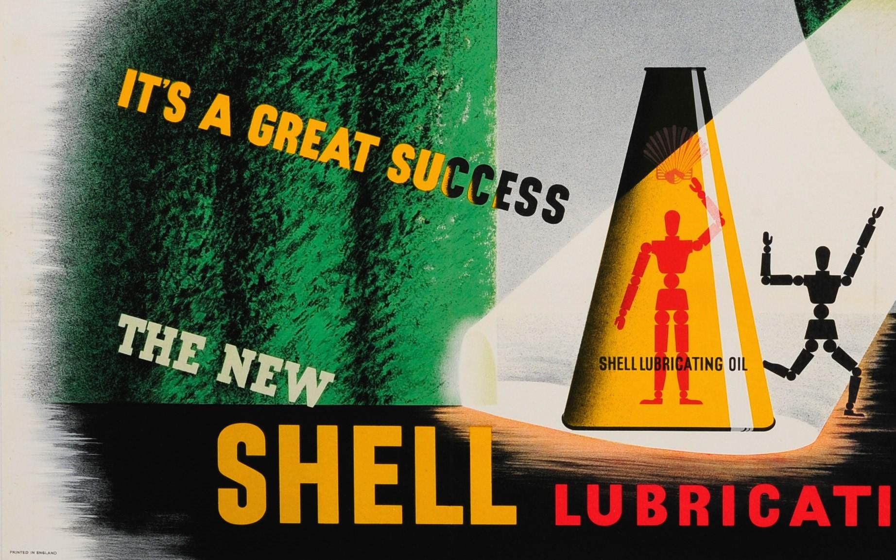 Original vintage advertising poster for The New Shell Lubricating Oil It's A Great Success - featuring a fun design by the notable artist Edward McKnight Kauffer (1890-1954) of a silhouette of the artist mannequin on the front of the Shell oil can