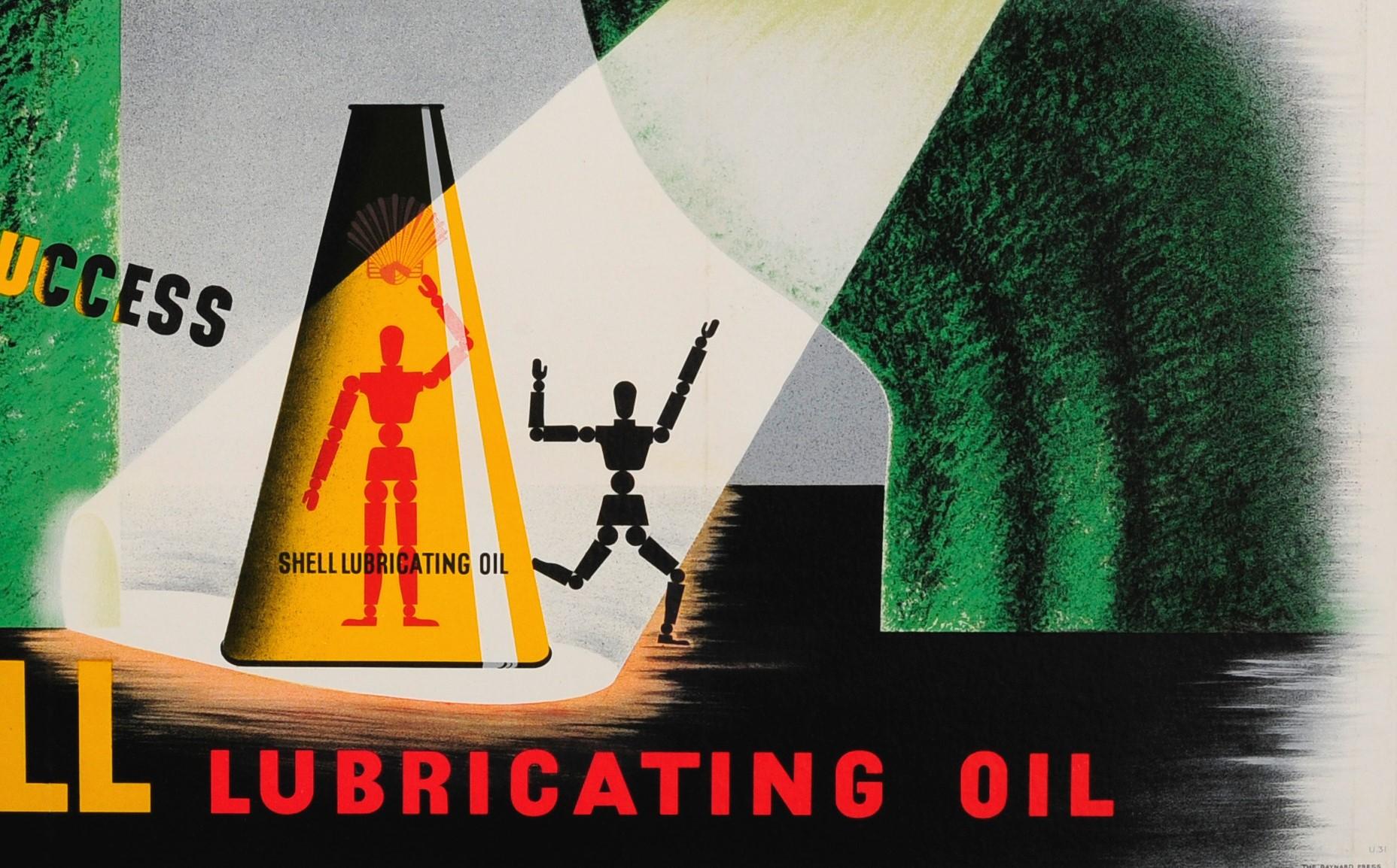 British Original Vintage Poster New Shell Lubricating Oil Great Success Artist Mannequin For Sale