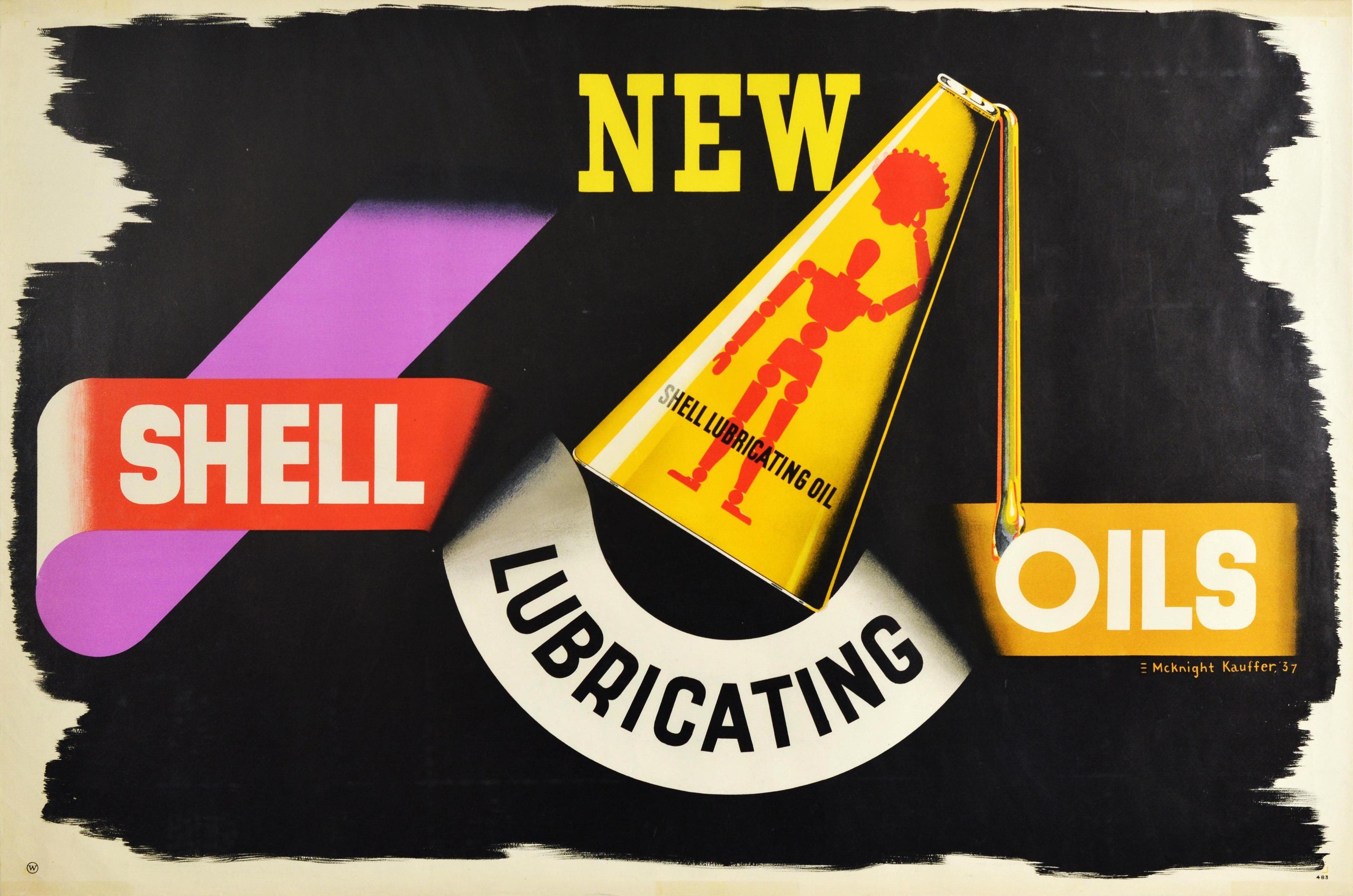Original-Werbeplakat für Shell-Schmieröle, entworfen von einem der bekanntesten Plakatkünstler des 20. Jahrhunderts, Edward McKnight Kauffer (1890-1954). Das auffällige Design zeigt eine gelbe Shell-Motoröl-Dose mit einer gelenkigen Künstlerpuppe,