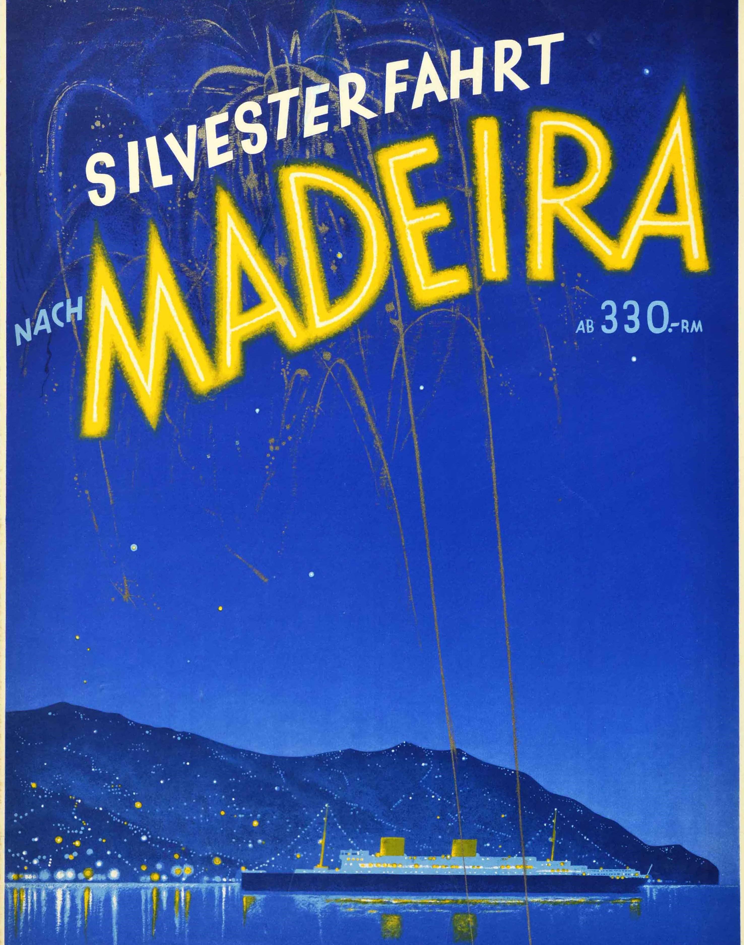 German Original Vintage Poster New Year Cruise To Madeira Steamship Columbus Fireworks