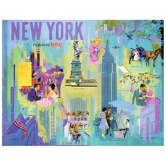 Original Vintage Poster New York Fly There By Qantas Airline Travel Art Renshaw