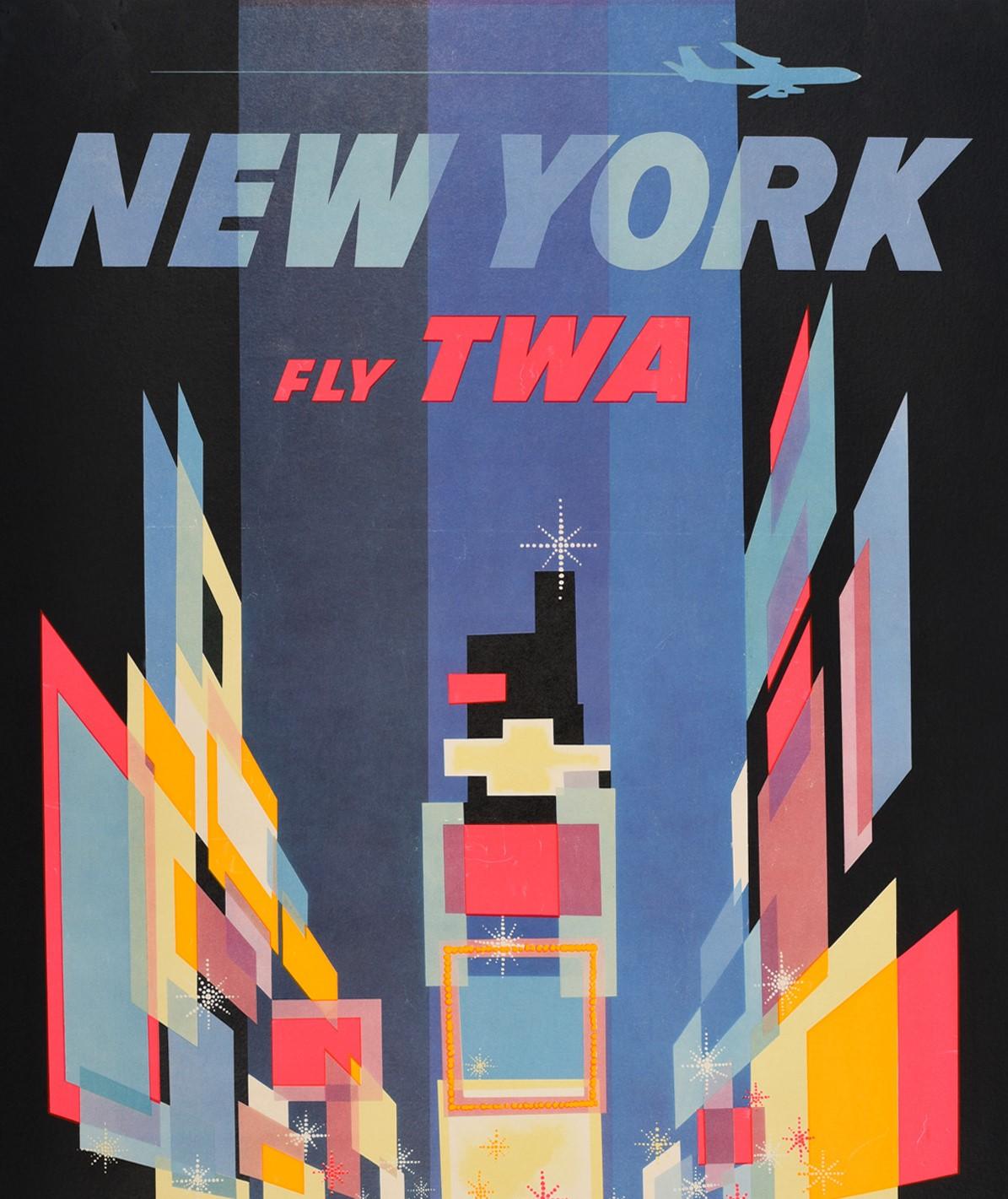 Original vintage travel poster for New York issued by TWA featuring an iconic design by the renowned American artist David Klein (1918-2005) depicting a bright and colorful abstract view of Times Square with the billboards and electric lights and