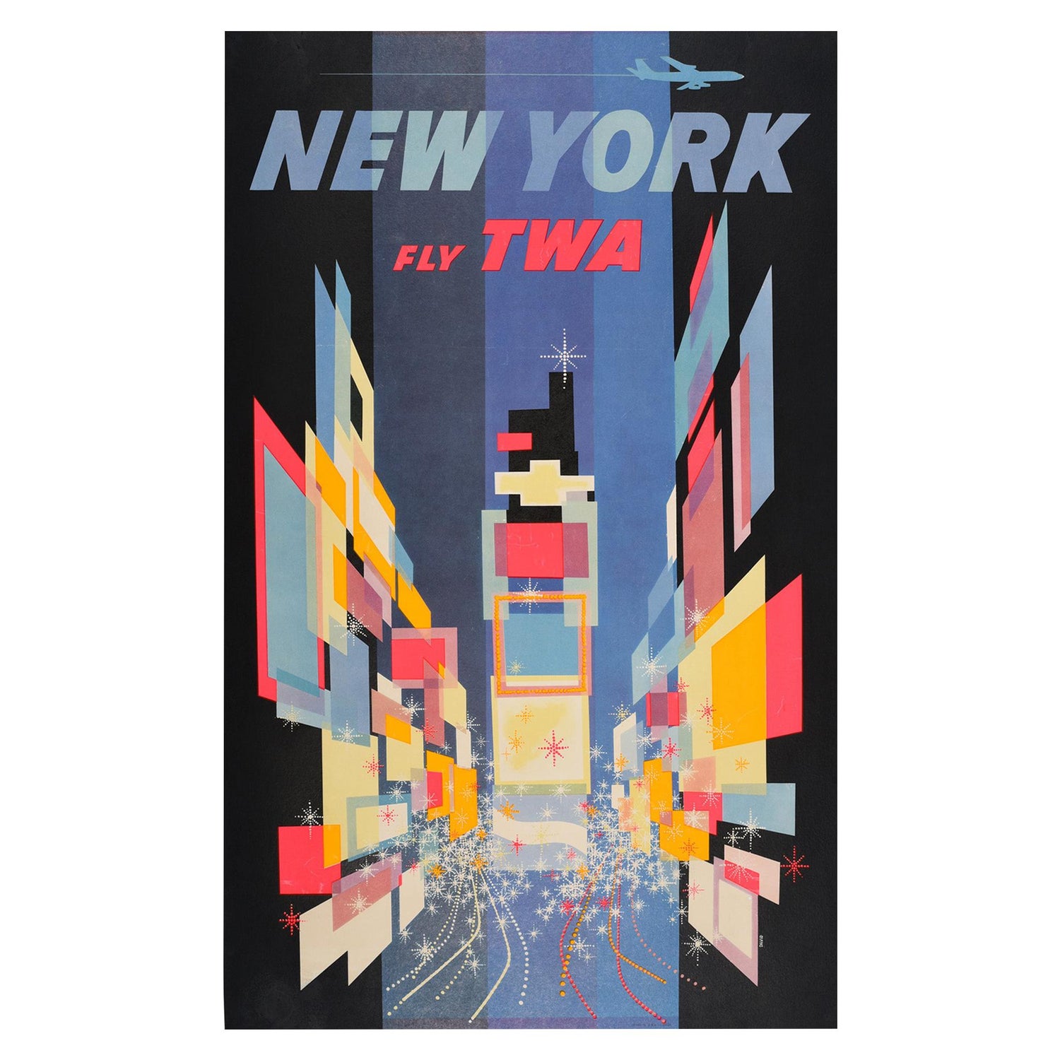 Original Vintage Poster New York Fly Twa Times Square Jet Plane
