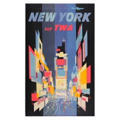 Original Retro Poster New York Fly TWA Times Square Jet Plane Abstract Design