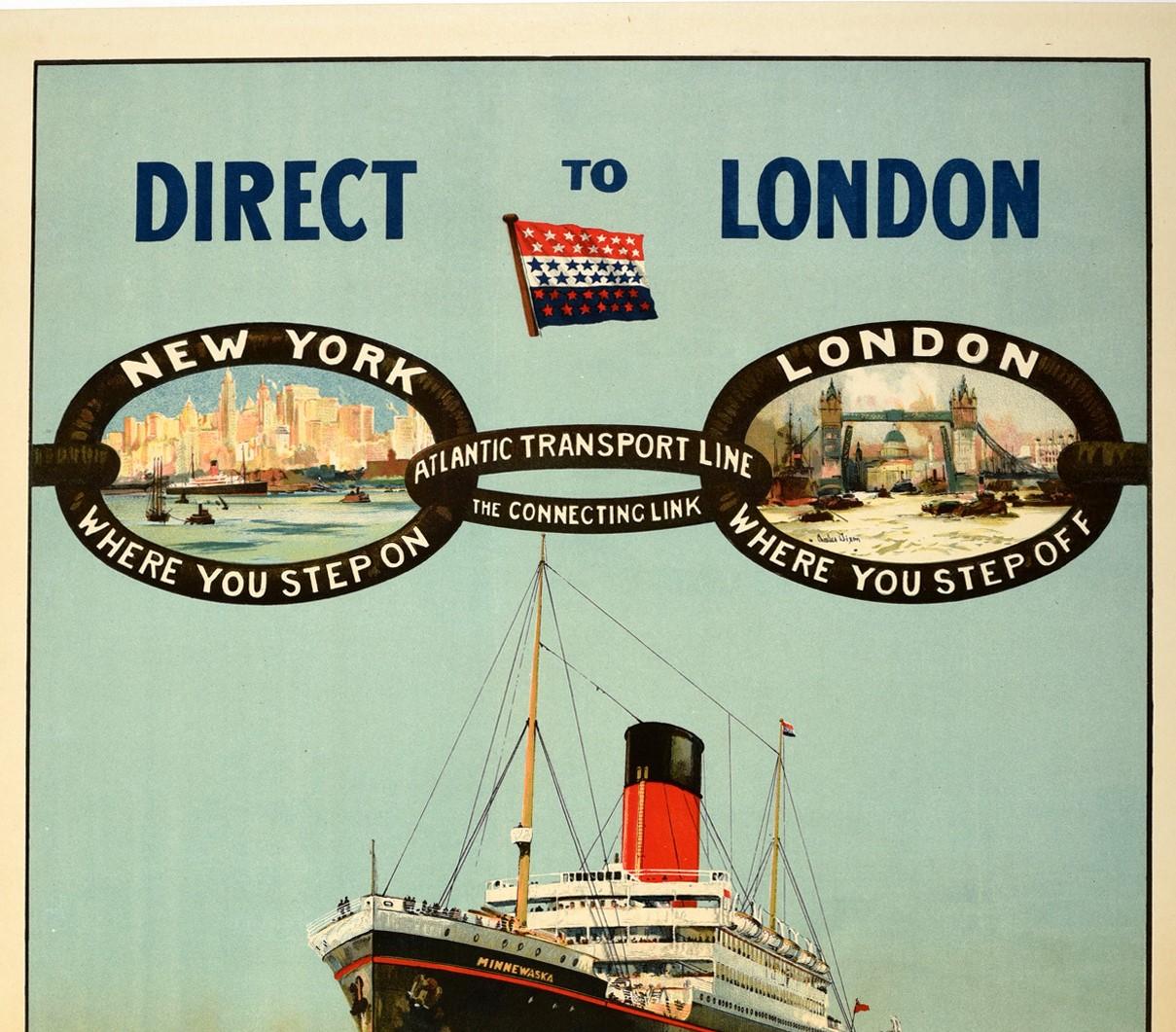 Original vintage poster featuring a great design of a cruise ship at sea with a red white and blue star flag between the bold text Direct To London above a chain link against the sky depicting two small images of New York skyscrapers and a ship in