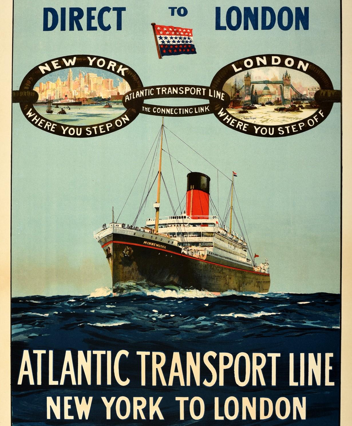 British Original Vintage Poster New York London Atlantic Transport Line Ship Direct Link