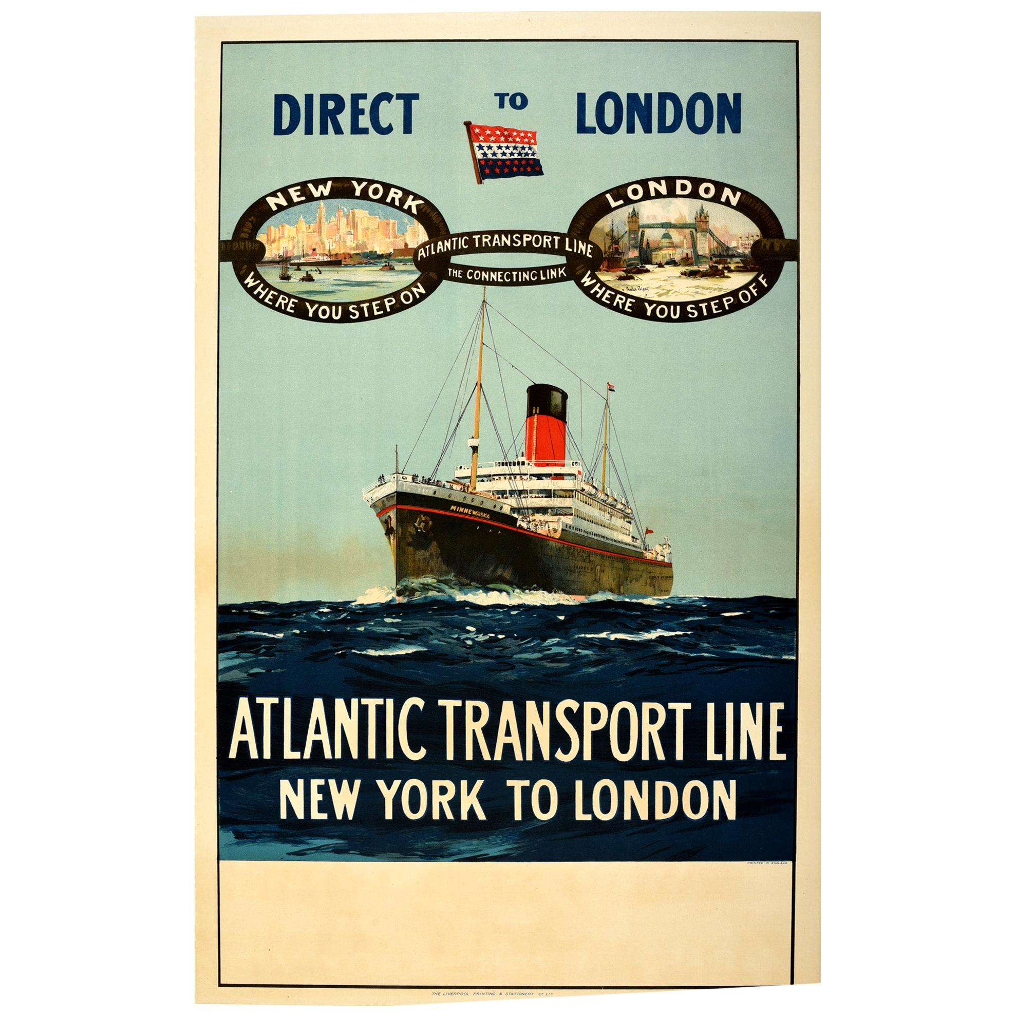 Original Vintage Poster New York London Atlantic Transport Line Ship Direct Link