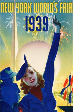Original Vintage Poster New York World Fair 1939 Fireworks Art Deco Staehle