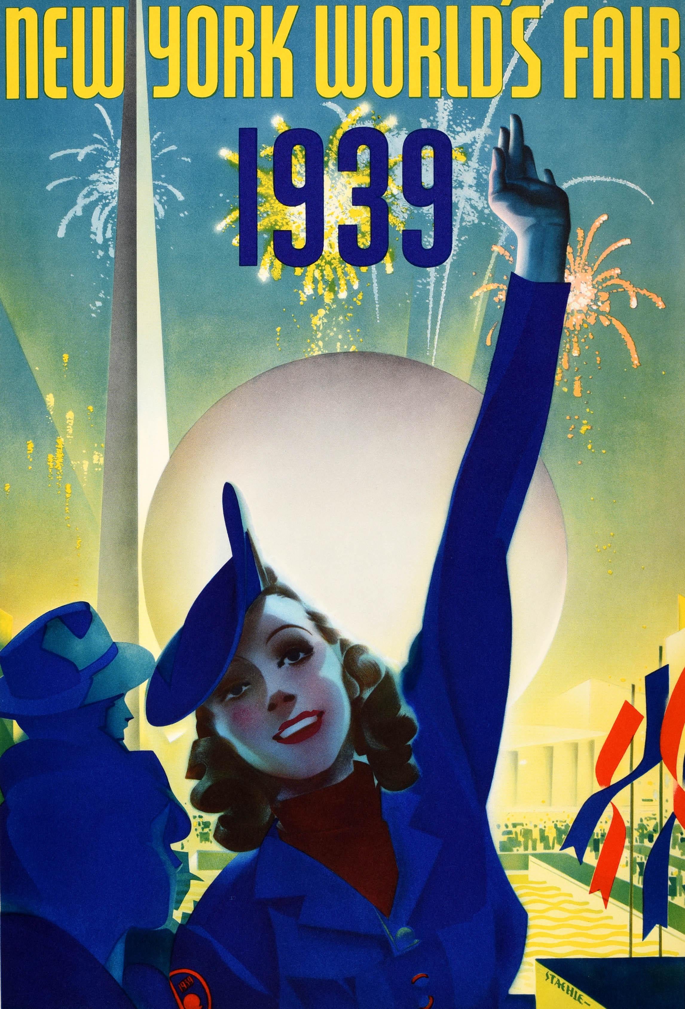 Original vintage poster for the World Fair held in New York at Flushing Meadows-Corona Park from 30 April 1939 to 31 October 1940. Great Art Deco design of a smiling young lady wearing a stylish hat and holding up one arm in front of a firework