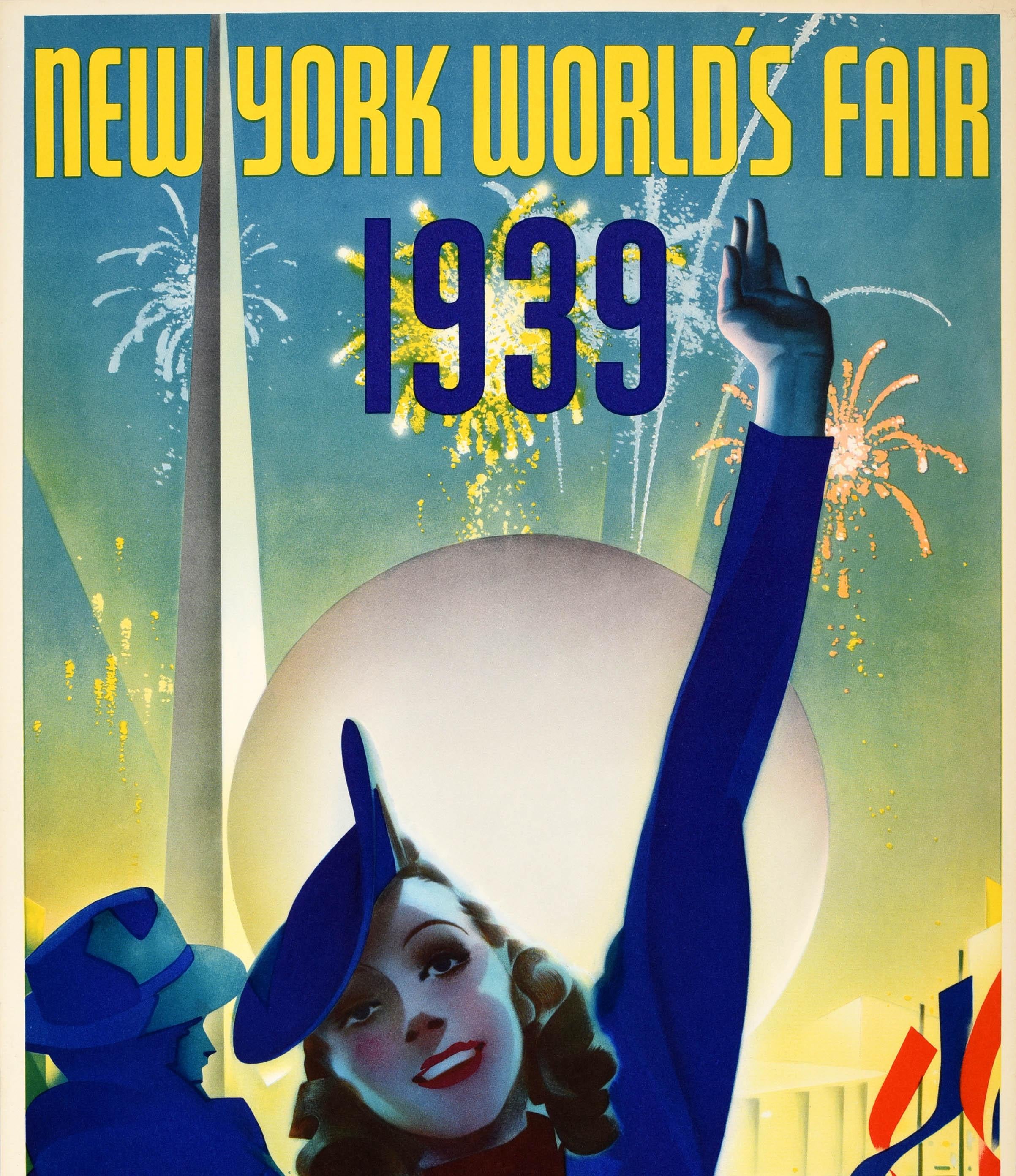 Art déco Affiche rétro originale de l'exposition universelle de New York de 1939, Fireworks Art Deco, Staehle, États-Unis en vente
