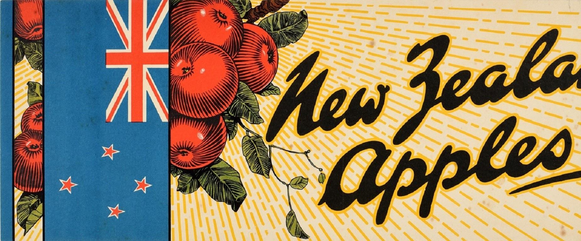 Original vintage food advertising poster for New Zealand Apples featuring a colourful design showing fresh red apples on the branch of a tree behind the New Zealand flag with sunshine radiating forward from the fruit in the background, the stylised