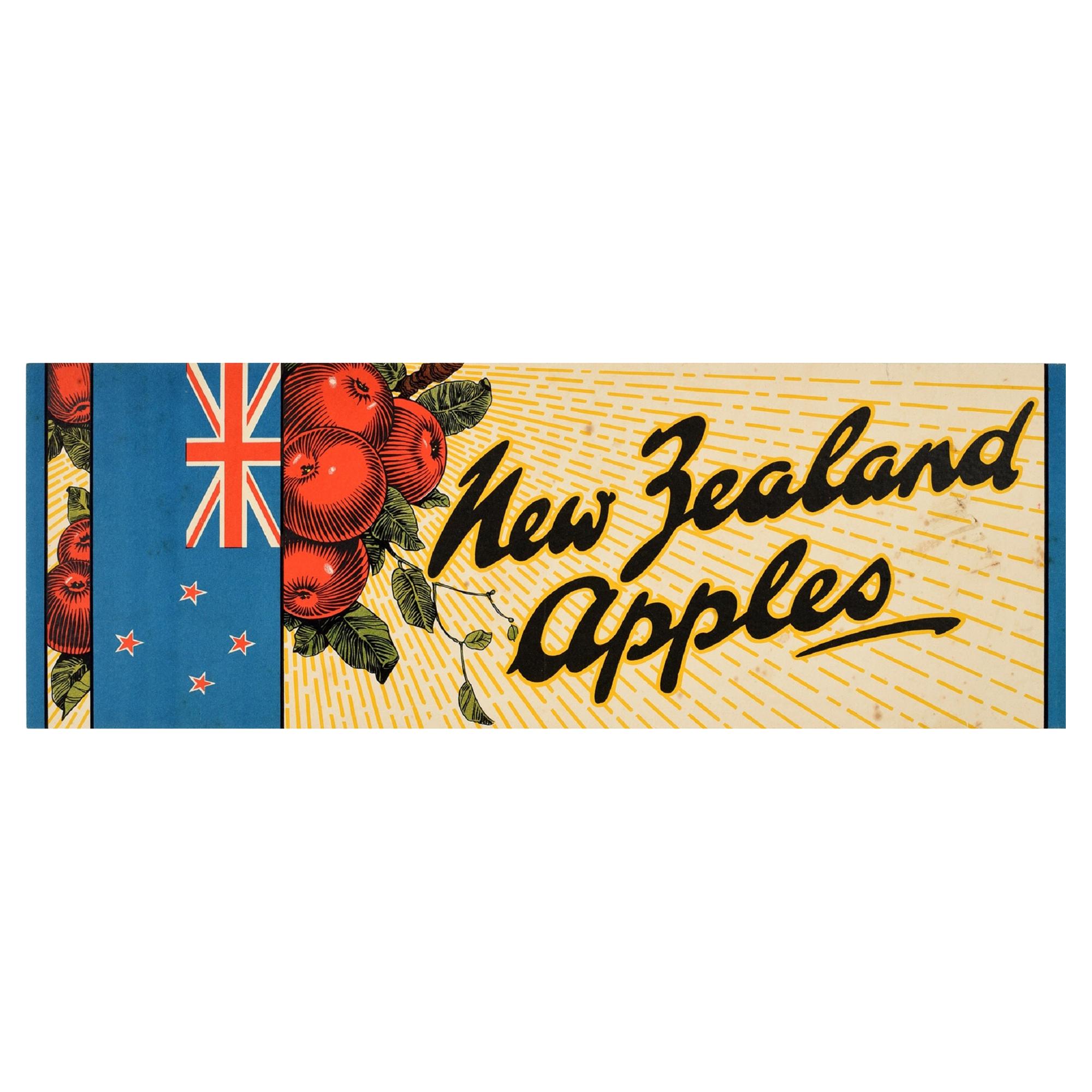 Original Vintage Poster New Zealand Apples NZ Flag Fruit Food Advertising Design